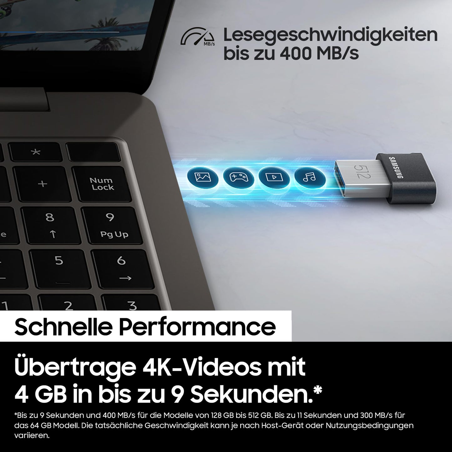 Samsung FIT Plus USB Stick Type-A, 512 GB, 400 MB/s Read, 110 MB/s Write, Compact USB 3.2 Memory Stick with Key Ring, Gray, MUF-512AB/APC