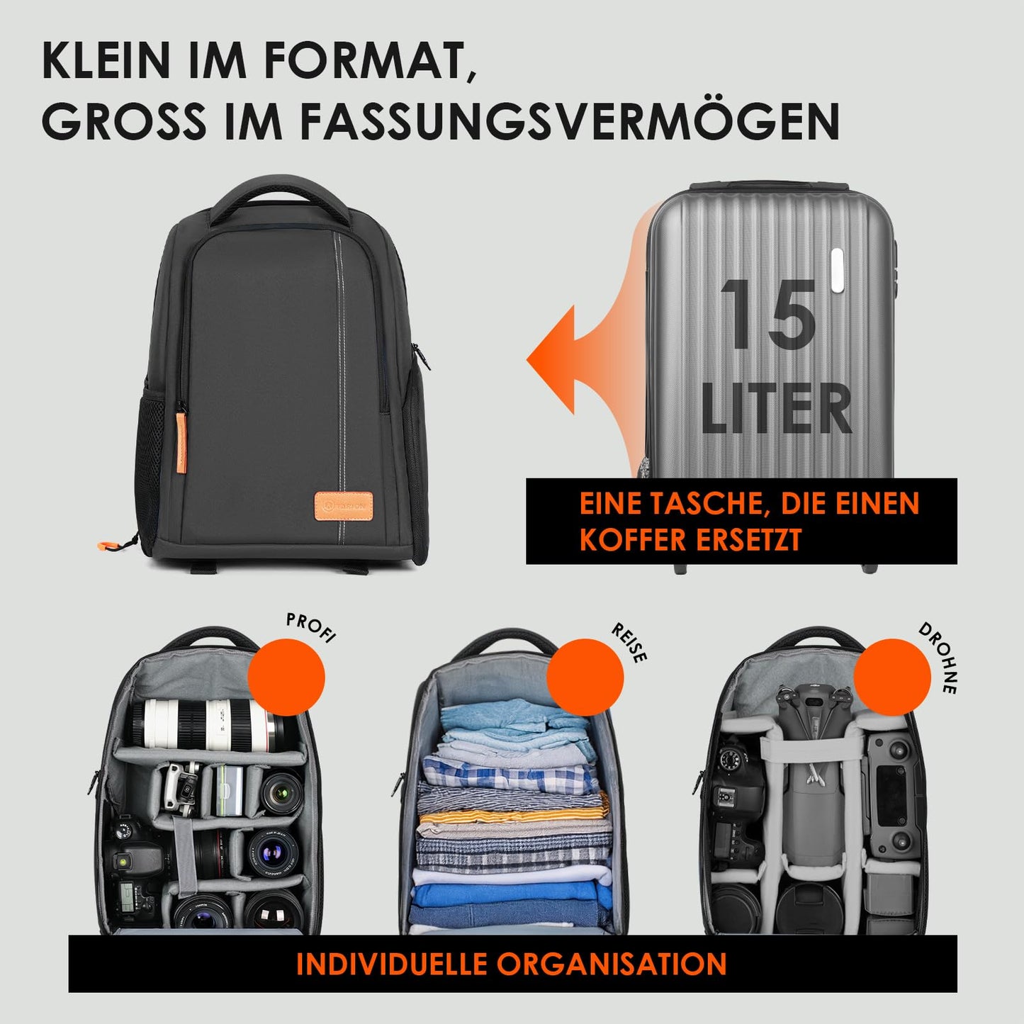 TARION camera backpack lightweight camera backpack with 15 inch laptop compartment black - TB-04