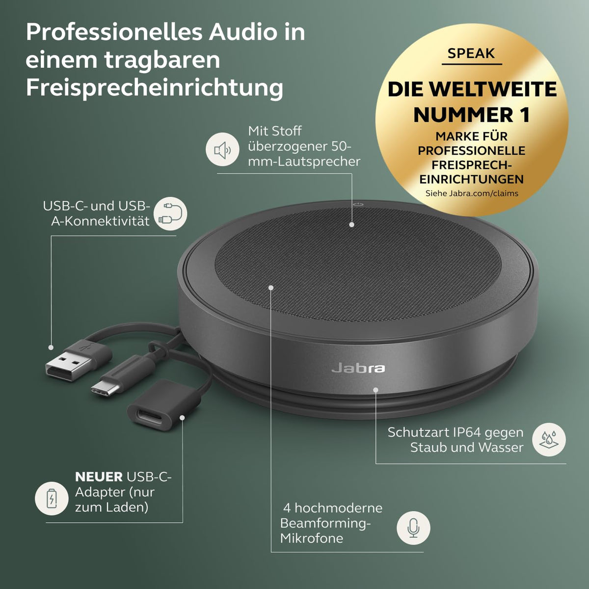 Jabra Speak2 75 wireless Bluetooth speakerphone, 4 microphones with noise cancellation, 65 mm wideband speaker, super wideband audio, certified for MS Teams, dark gray. - 2775-109