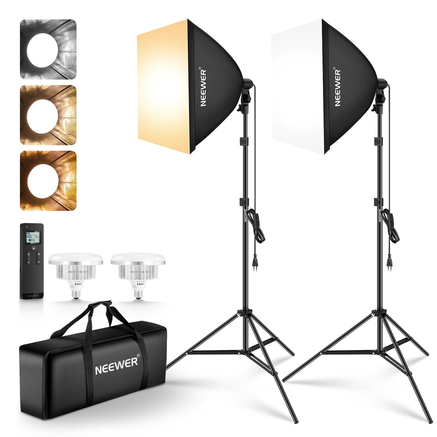 NEEWER 24"x24" softbox lighting kit with tripod stands, pack of 2, 45W two-tone 2.4G LED bulbs, 10 channels, 2900K-7000K, 1400Lux/m, CRI95, 20m remote control, photography continuous light kit, NK103 - 10105818