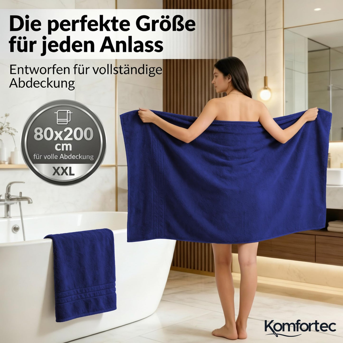 Komfortec 2 sauna towel set 80x200 cm, large sauna towels made of 100% cotton, sauna towels, fluffy and absorbent, quick-drying, navy blue - Blu