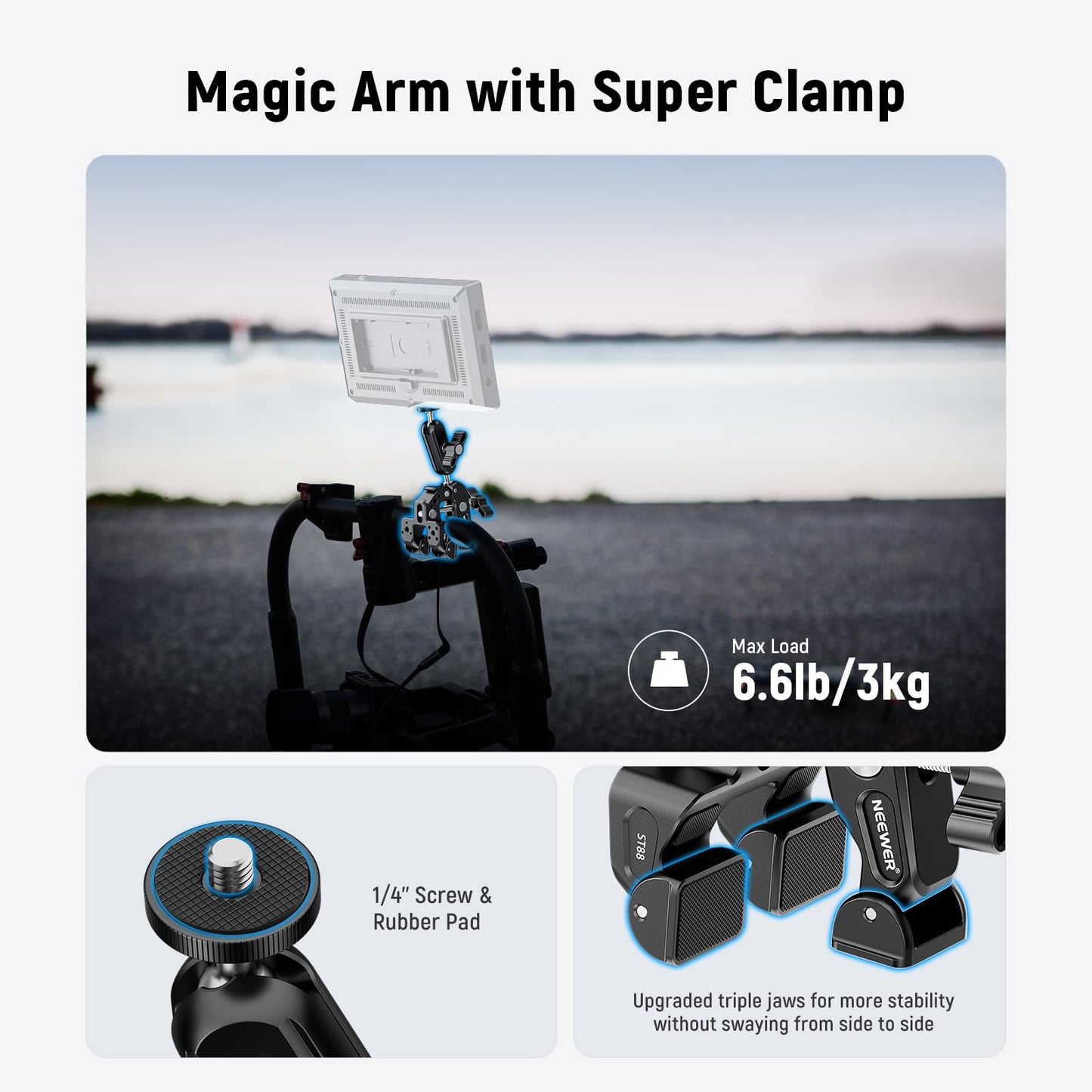 NEEWER Super Clamp with 3" Dual Ball Head Magic Arm, Camera Mobile Phone Holder with 1/4" 3/8" Thread Cold Shoe Mobile Phone Holder, Action Camera Adapter Compatible with GoPro DJI iPhone 16 15 Pro Max ST88 - 10105338