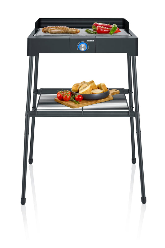 SEVERIN free-standing grill with stainless steel grill rack and base frame and storage rack, electric grill with quick grill start, balcony grill without risk of burns, black, PG 8566