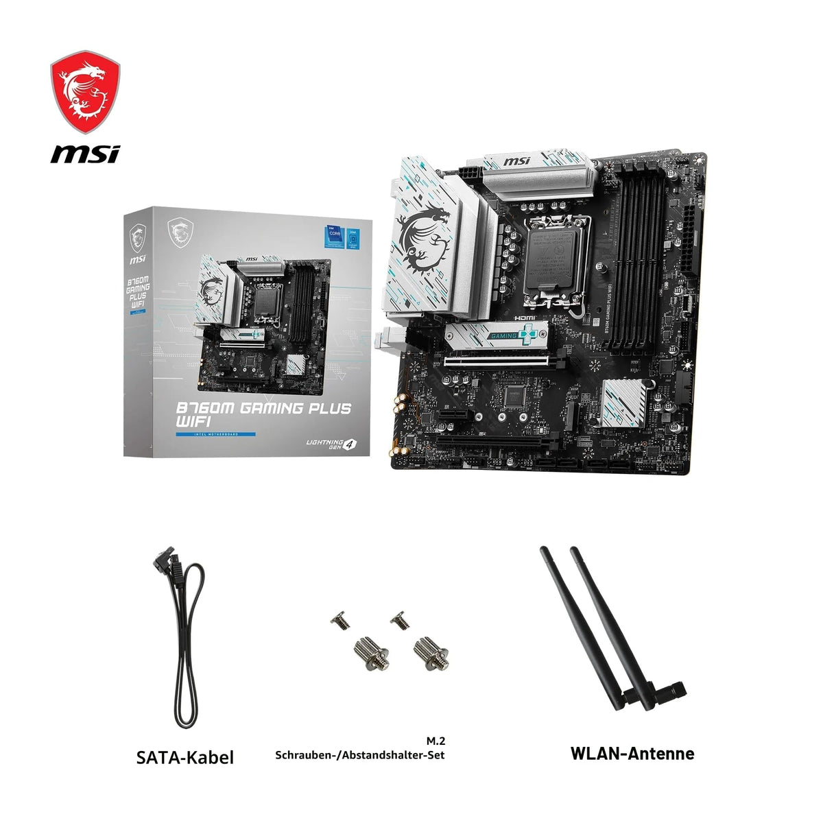Placa de bază MSI B760M Gaming Plus WiFi, mATX - Suportă procesoare Intel Core din generațiile a 14-a, a 13-a și a 12-a, LGA 1700 - DDR5 6800+MHz/OC, 1x PCIe 4.0 x16, 2 x M.2 Gen4, LAN 2.5G, Wi-Fi 6E - 7D99-017R