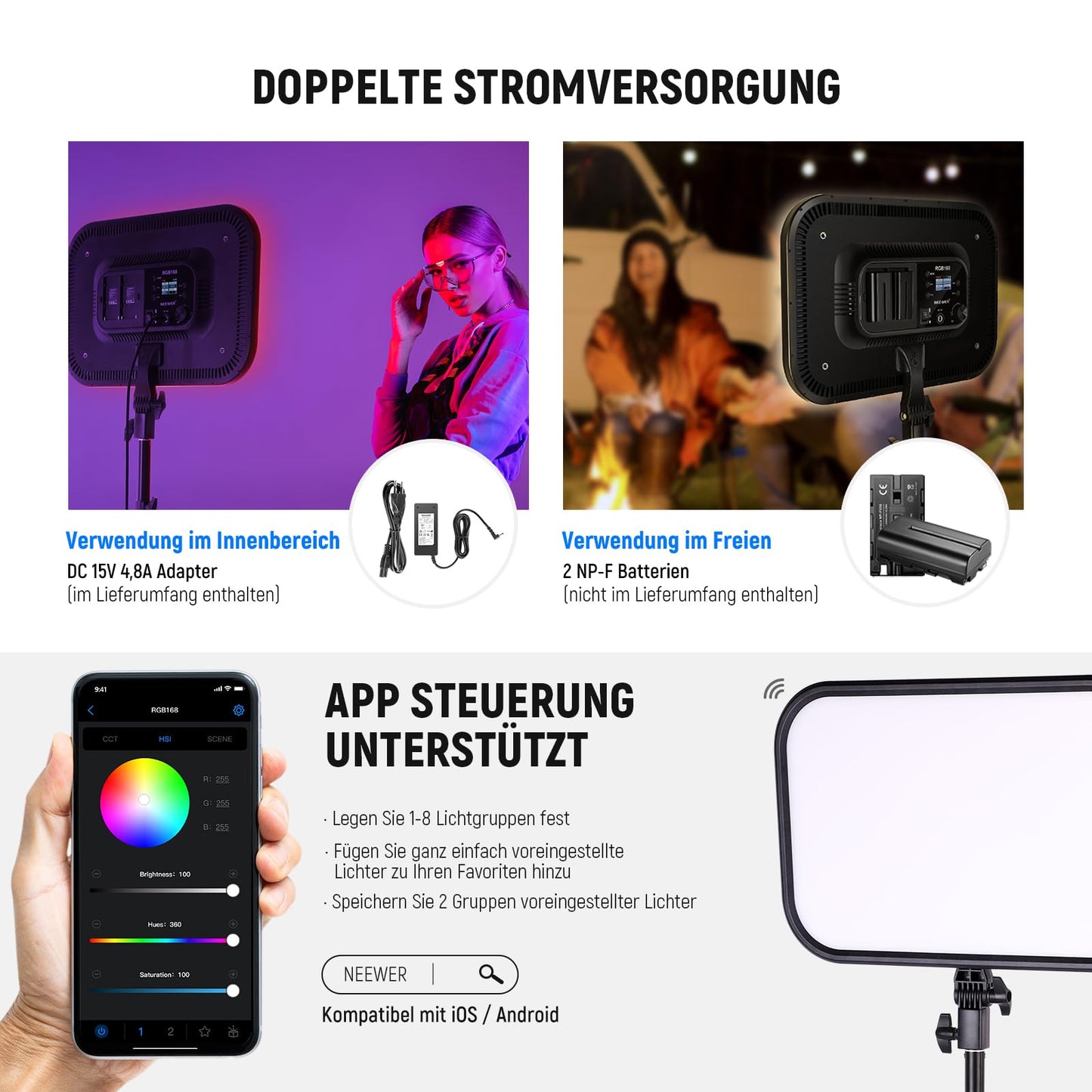NEEWER RGB168 18.3" 60W RGB LED Video Light Panel Set with Tripod Stand App Control 360° Full Color Dimmable 2500K-8500K RGB Video Light/CRI 97+/17 Scene Effects Studio Continuous Light Photography, 2 Pack - 10101825