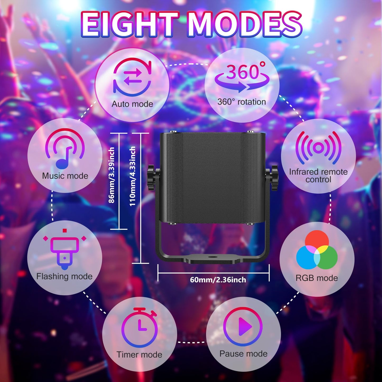 Tyonto Wireless Disco Ball Party Light 4500 mAh Battery Music Controlled Disco Light Party Light 60 Different Patterns Strobe Effect with Remote Control and 2M USB (Battery Version, Black) - 60-BT