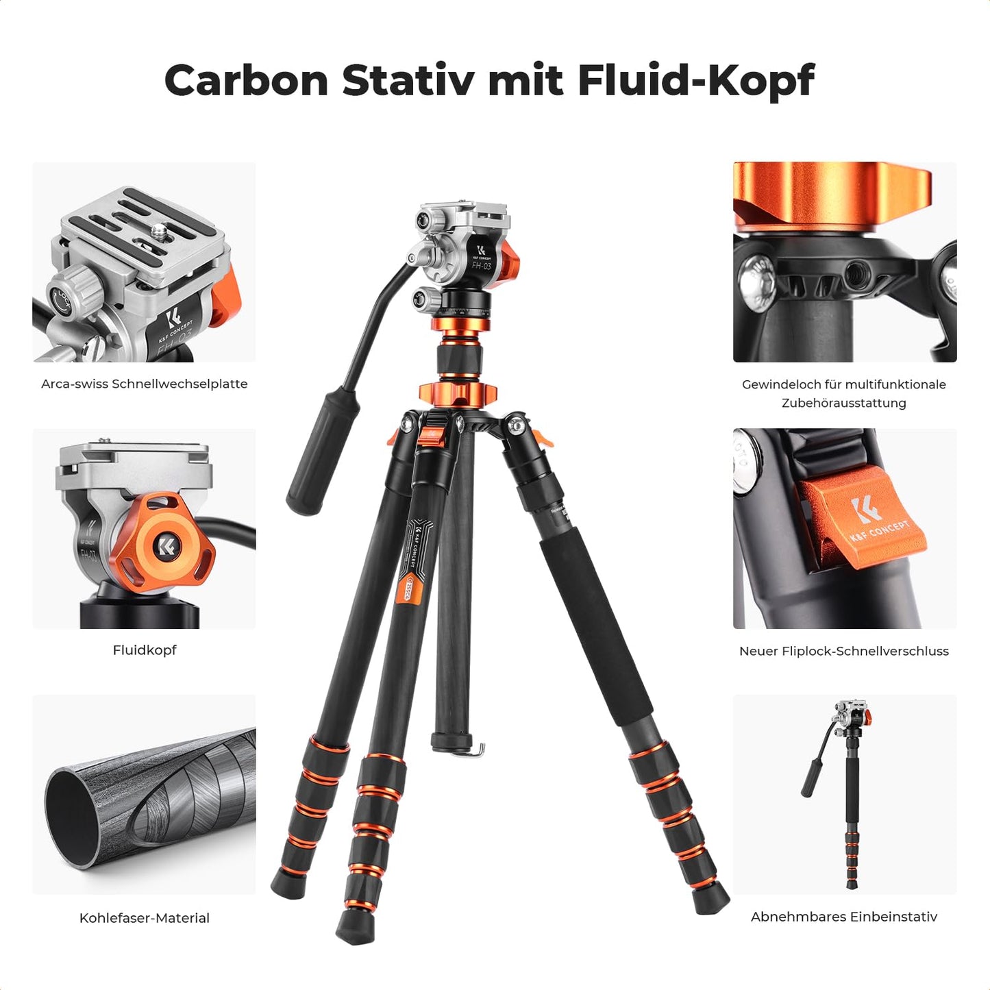 K&F CONCEPT 173cm carbon tripod, video tripod with fluid head, compact camera tripod with monopod, travel tripod for on the go O255C4+FH-03 - KF09.158