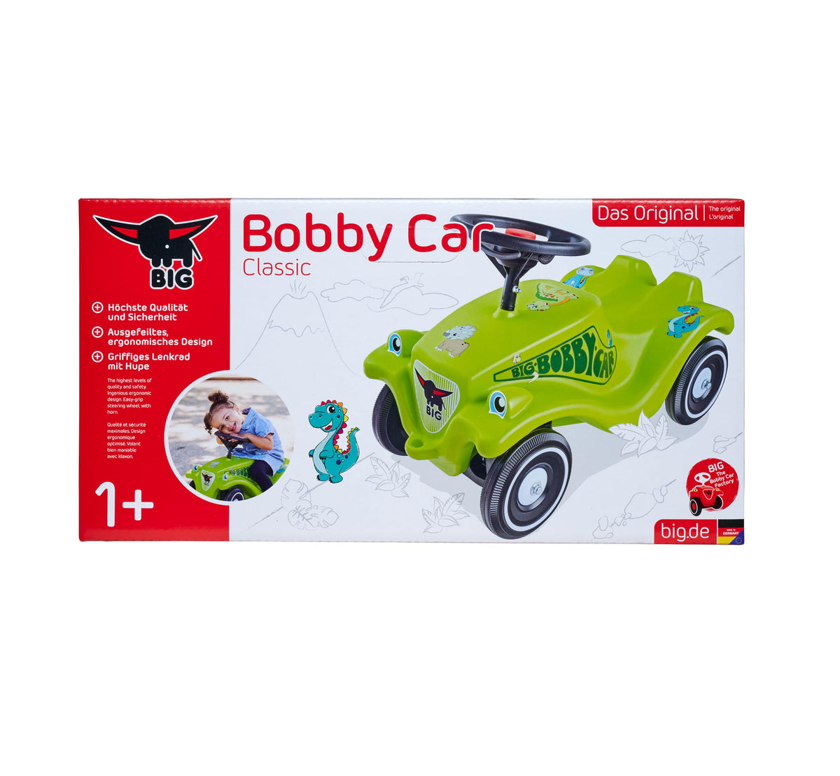 Big Bobby Car Classic Dino - Ride-on car for children from 1 year old in colorful dinosaur design with a black safety steering wheel and horn, suitable for kids from 12 months (up to 50 kg), green with stickers. - 800056143