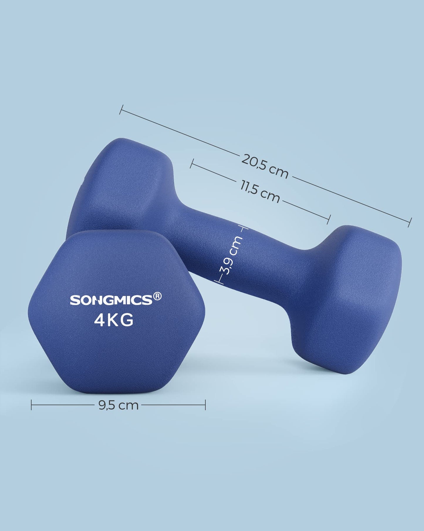SONGMICS Dumbbells 2 Pack 2 x 4kg Hexagonal Dumbbells with Vinyl Surface for Fitness Training Gym Home Blue Port SYL908Q01 - USYL908Q01