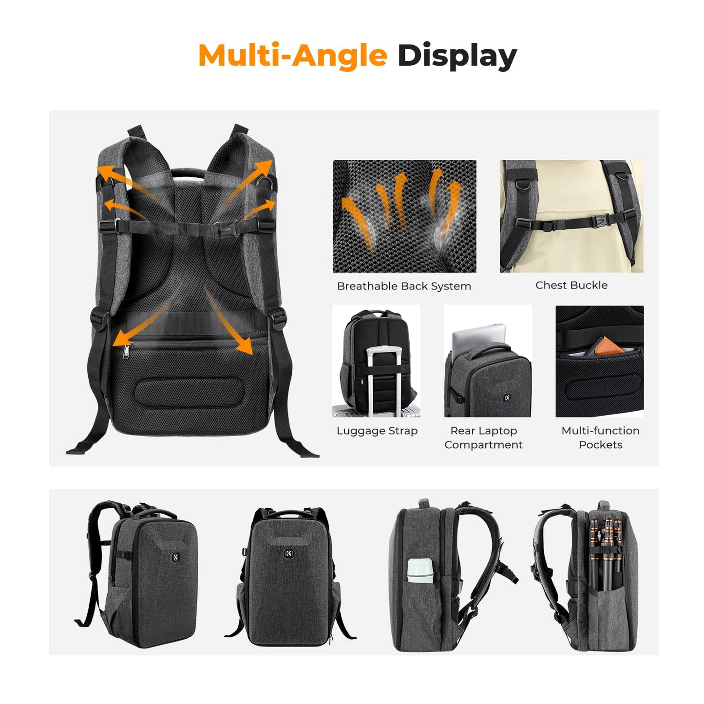 K&F CONCEPT camera backpack photo backpack with hard shell camera bag with 15.6 inch laptop compartment and rain cover, backpack for drones - KF13.134V4