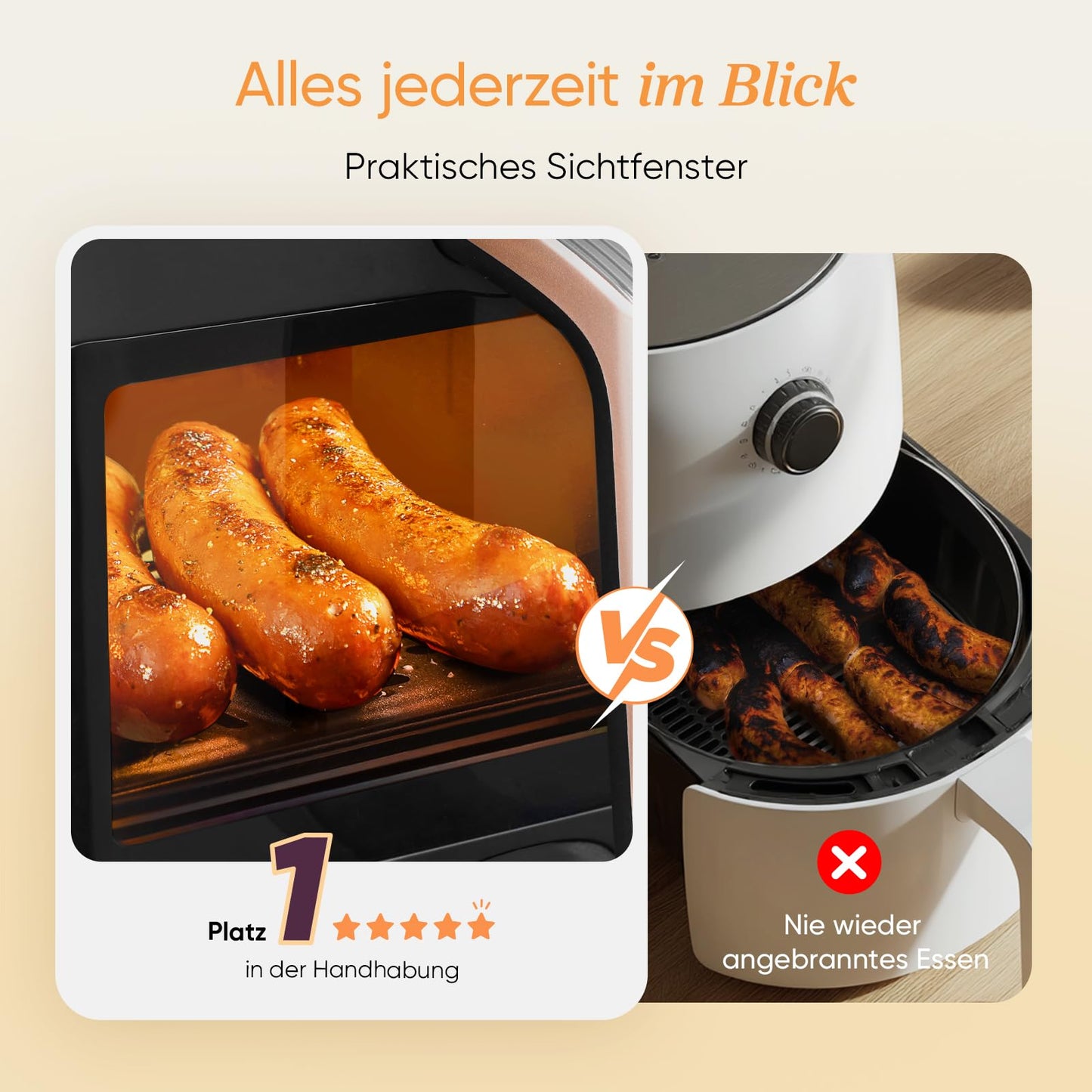 Cosori Airfryer | Test winner from Stiftung Warentest | 8.5L hot air fryer 2 chambers | Hot air fryer with viewing window | NTC technology for precise temperature control | Gold | R903