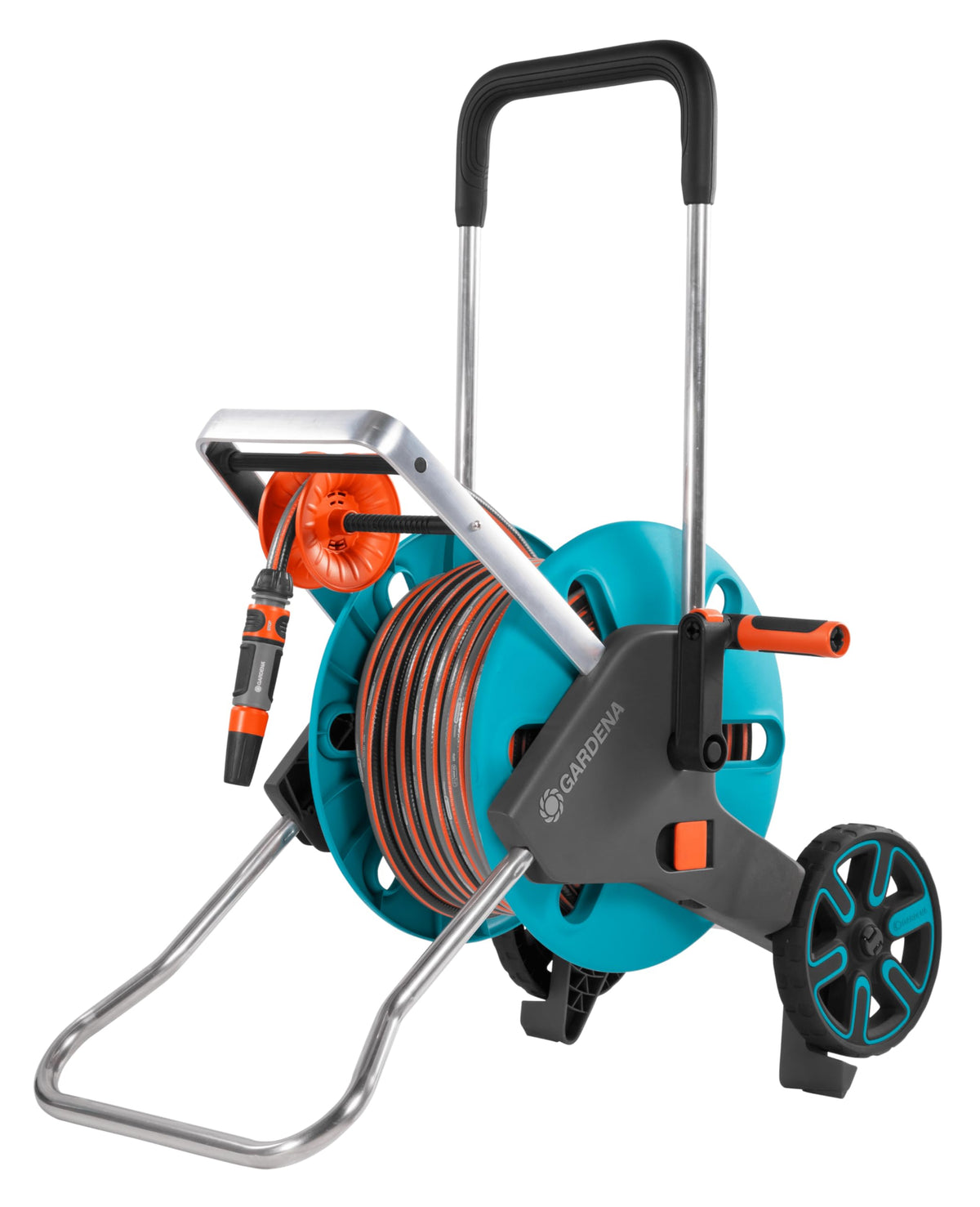 Gardena CleverRoll M Easy Set: Hose reel with a capacity of up to 60 m, particularly stable, featuring a comfortable hose guide in a robust metal frame, drip stop (18517-20)