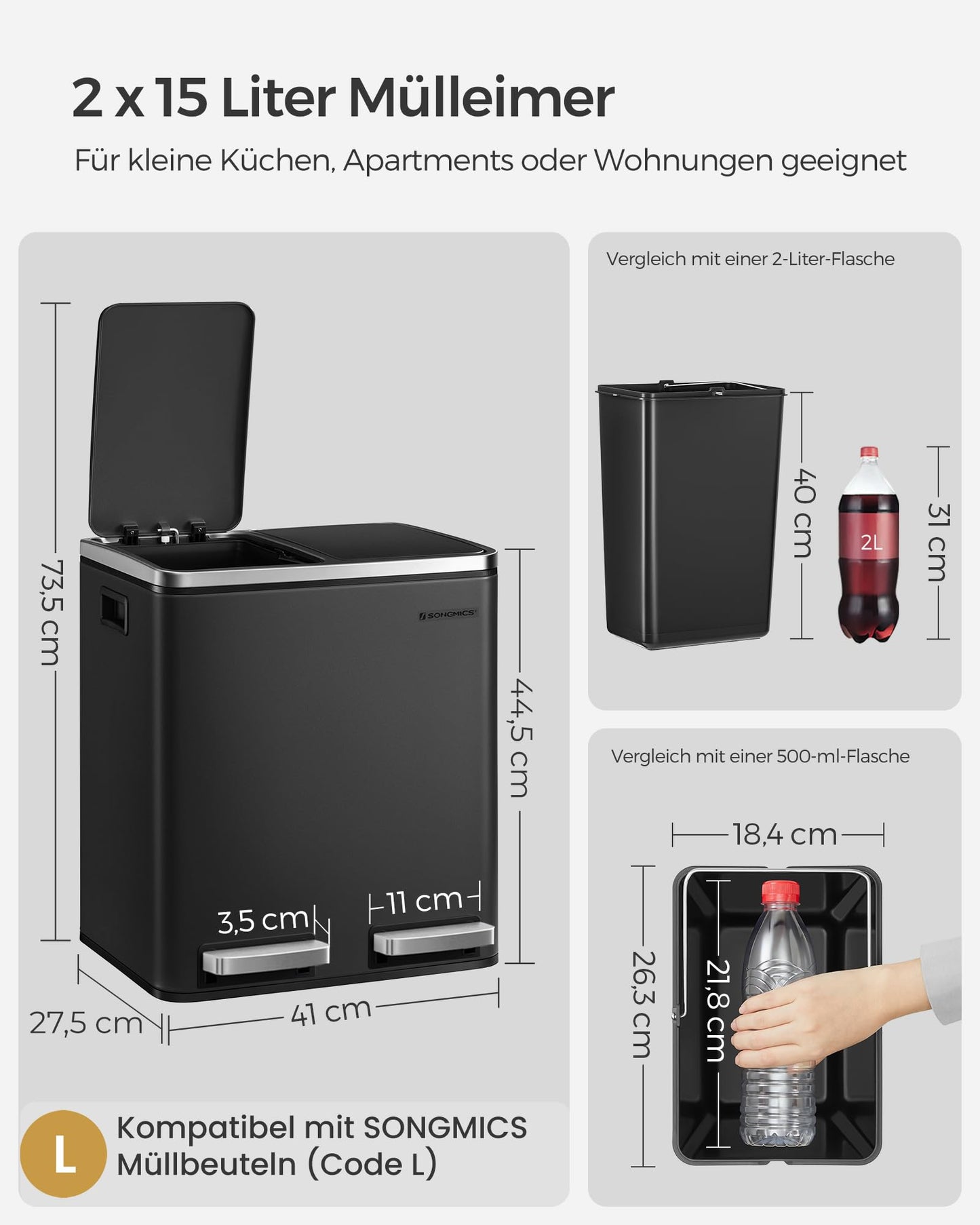 SONGMICS kitchen trash can, 2 x 15 liters, waste separation system 2 compartments, including 15 trash bags, trash can, pedal bin, recyclable waste, organic waste, soft close lid, ink black LTB30BK