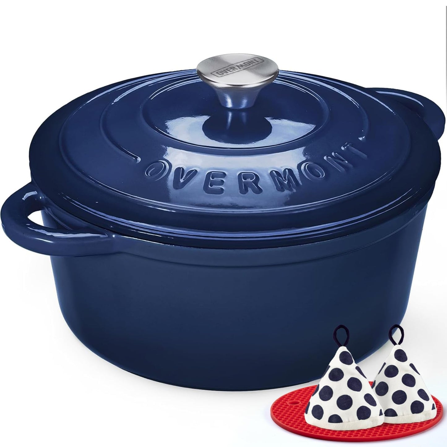 Overmont roasting pan enamel cast iron pot - casserole dish 28cm oven-safe - with lid and cookbook - for kitchen baking stewing roasting indigo blue - 28CM-Enamel-Indigo