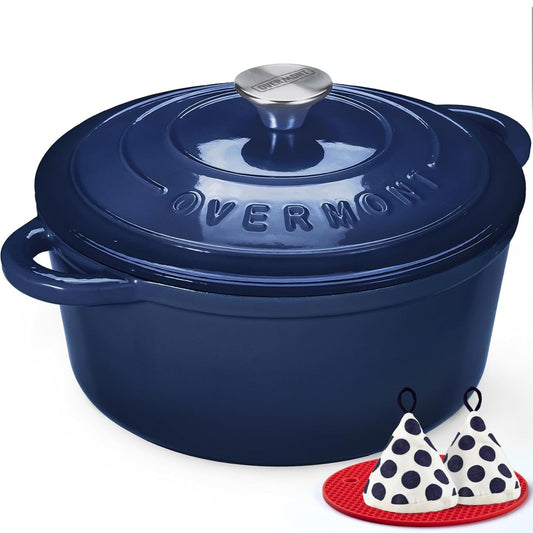 Overmont roasting pan enamel cast iron pot - casserole dish 28cm oven-safe - with lid and cookbook - for kitchen baking stewing roasting indigo blue - 28CM-Enamel-Indigo