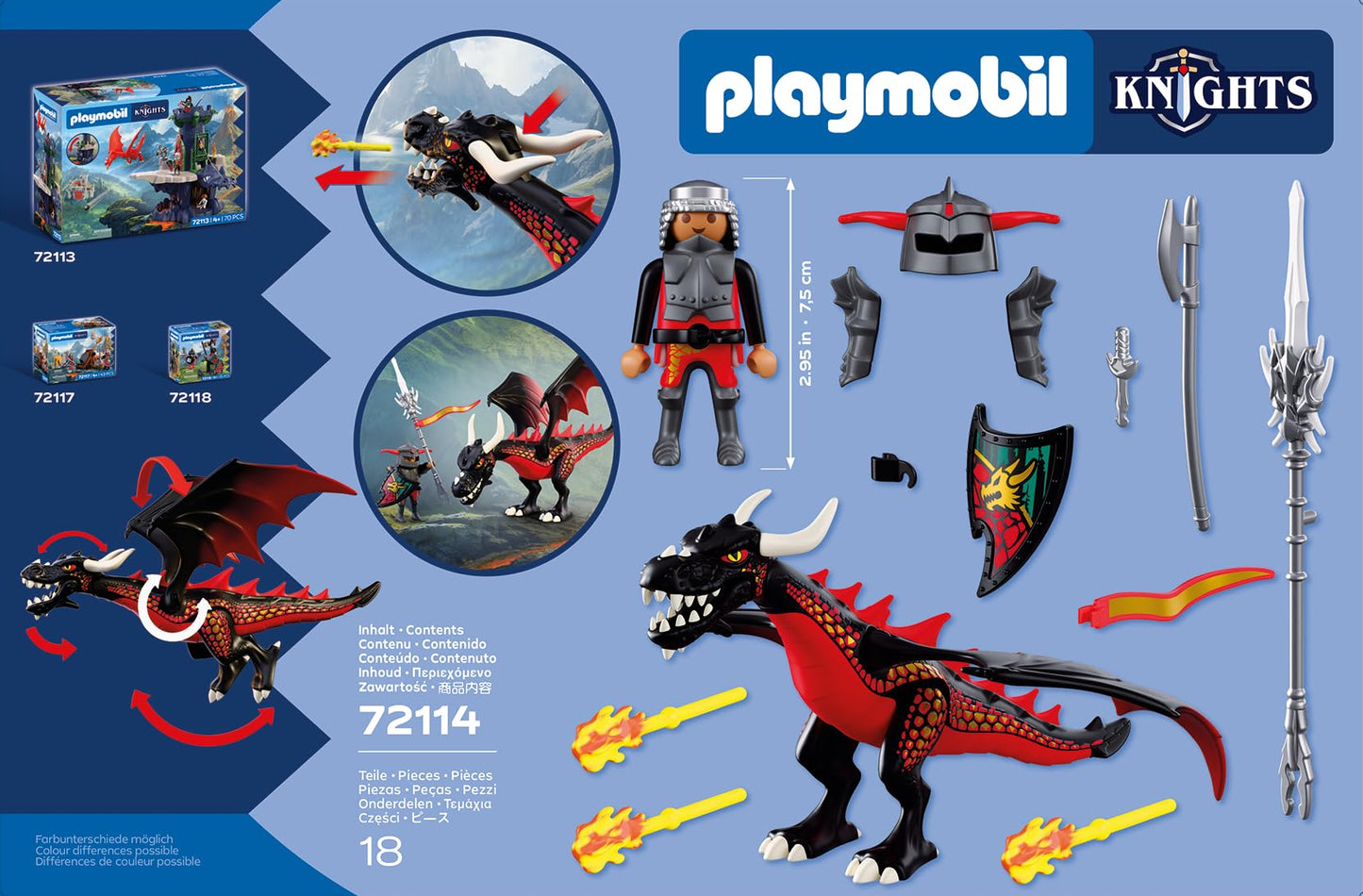 PLAYMOBIL | Knights | Black Dragon | Large fire dragon with shooting function and knight | Dragon toy for children aged 4 and up | 72114