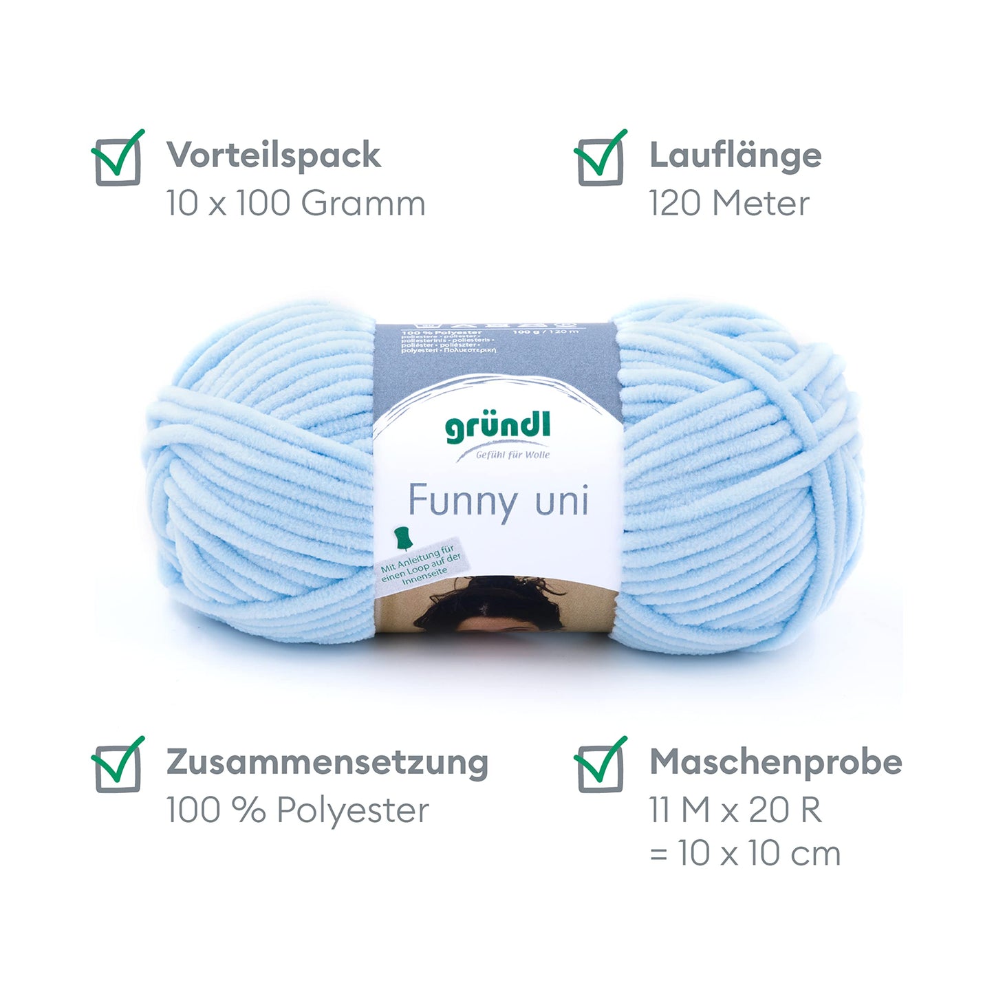 Gründl Wolle Funny uni - soft chenille wool for crocheting - cuddly and skin-friendly - 100% polyester - 10 balls 100 g / 120 m - needle size 5-6, pastel blue - 3442-03