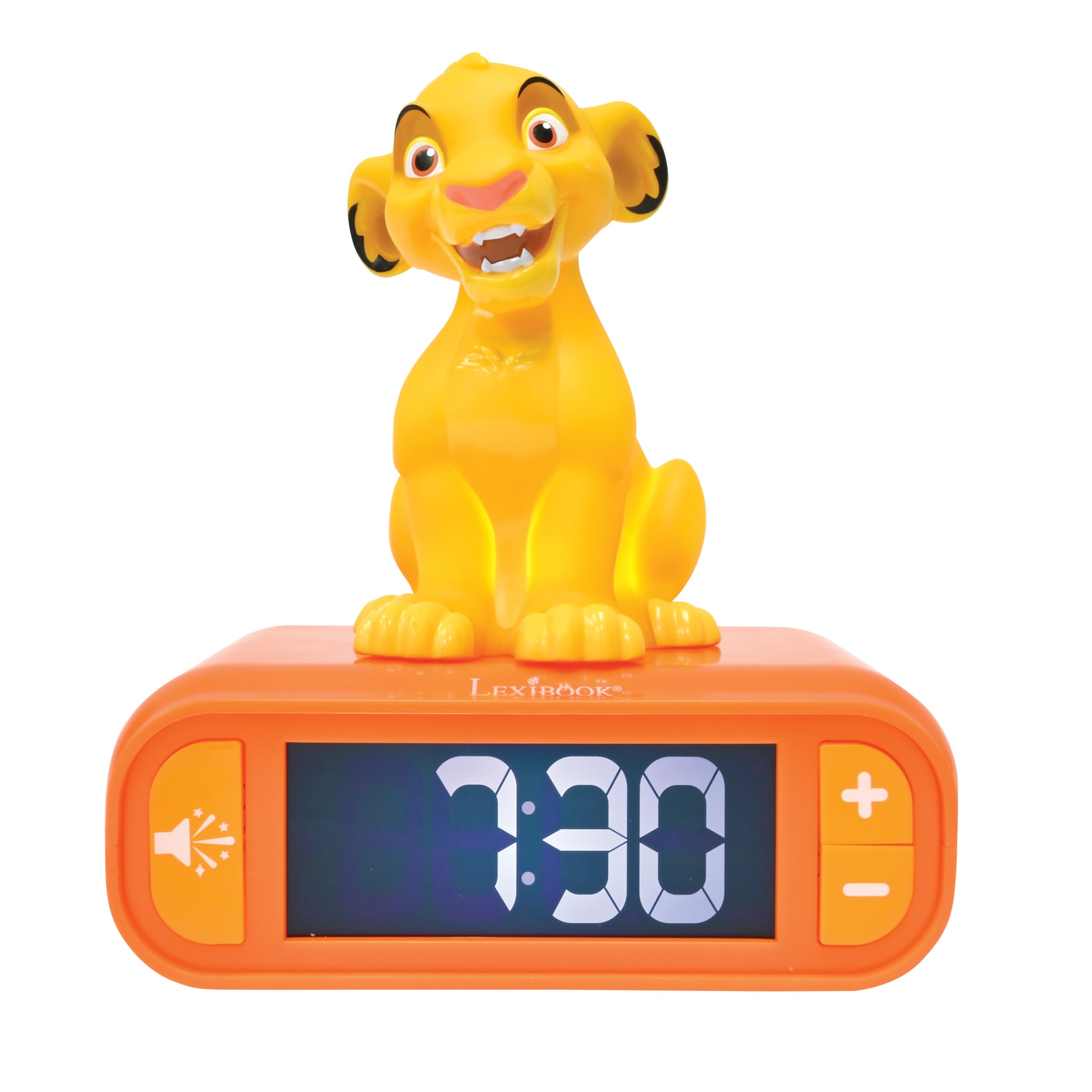 Lexibook, Disney The Lion King, Simba Night Light Alarm Clock, Sounds and Melodies, LCD Screen with Backlight, Lighting, Snooze Function, Yellow/Orange, RL800AN