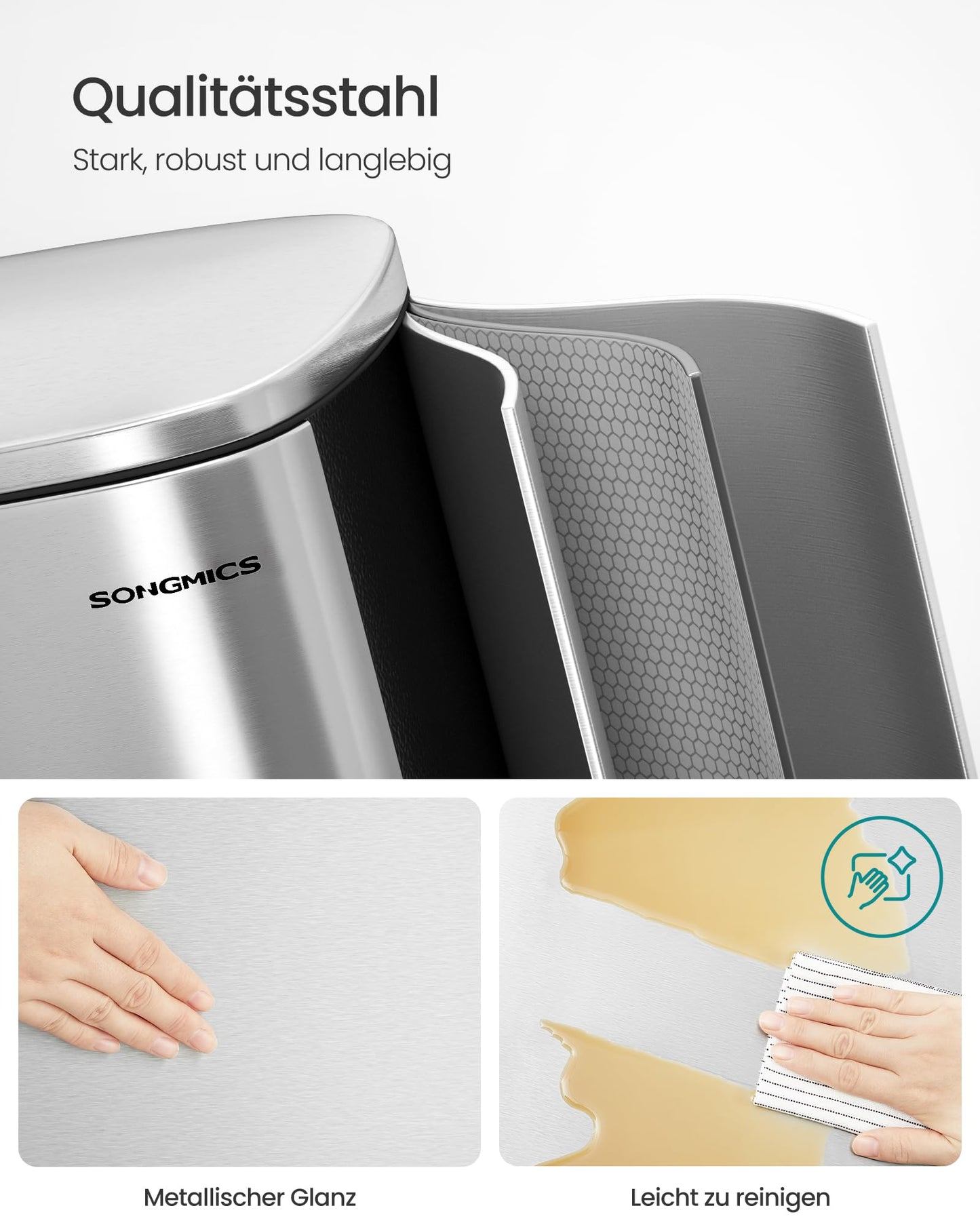 SONGMICS kitchen rubbish bin, 50 liters, waste bin, pedal bin, with lid, soft close, foot pedal, steel, inner bin, silver LTB050E01