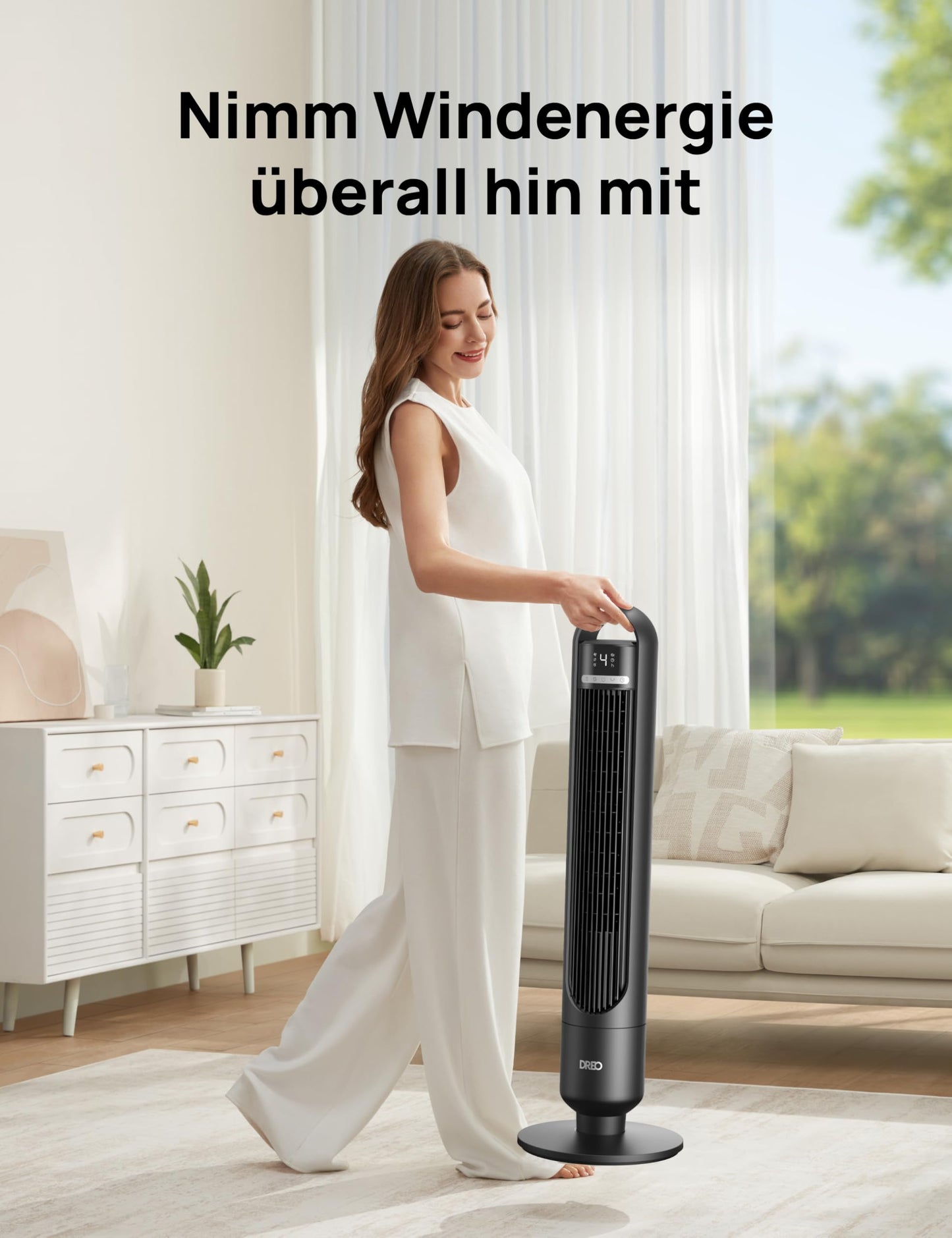 DREO Smart tower fan for the bedroom, quiet pedestal fan with 28 dB, air range up to 8.8 m, 4 levels & 3 modes, 8 hour timer, app, Alexa & Google, 90° oscillation, for home/office - DR-HTF017S