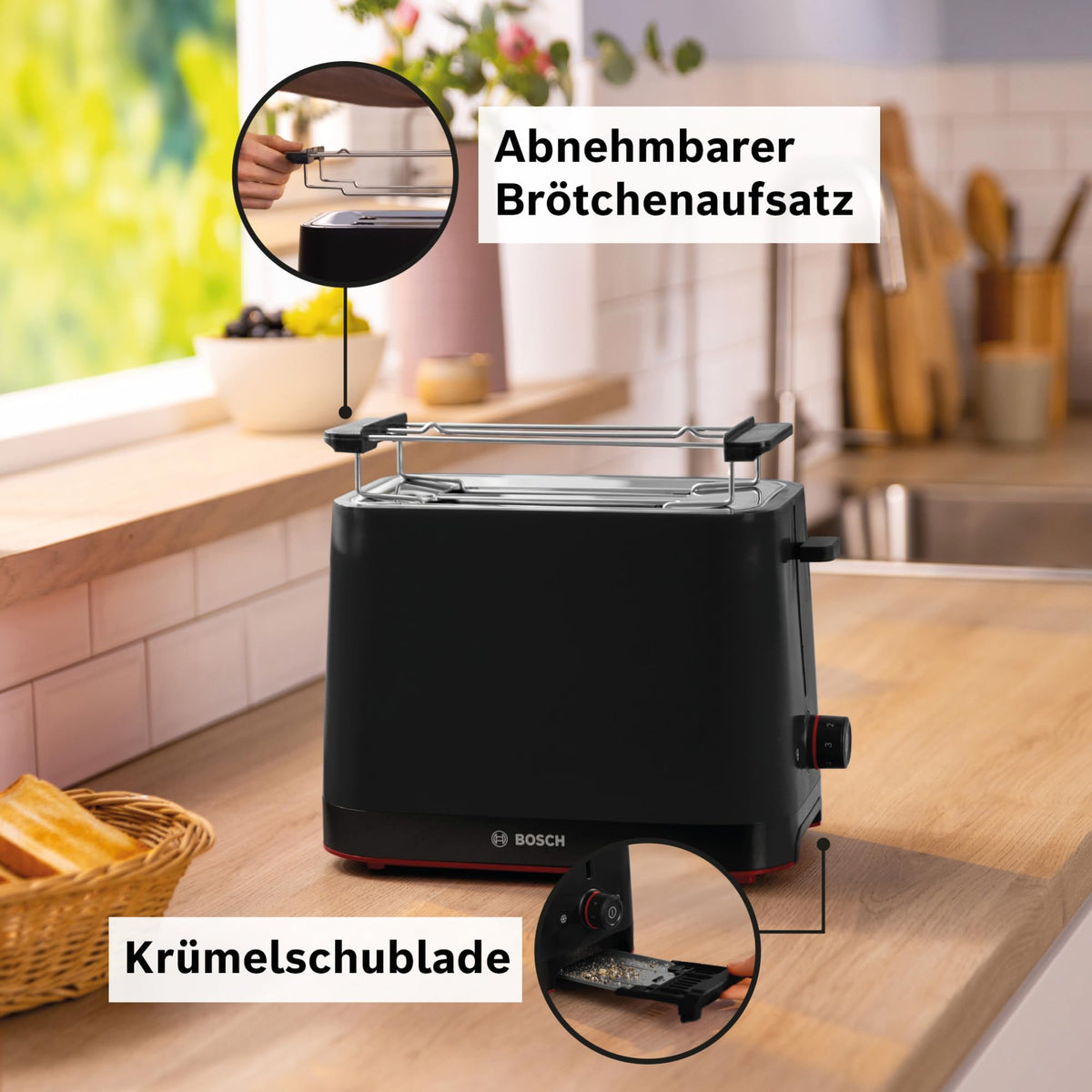 Bosch Compact Toaster MyMoment TAT3M123, removable foldable bun warmer, with defrost function, automatic shut-off, lift function, bread centering, ideal for 2 slices, 800 Watts, matte black