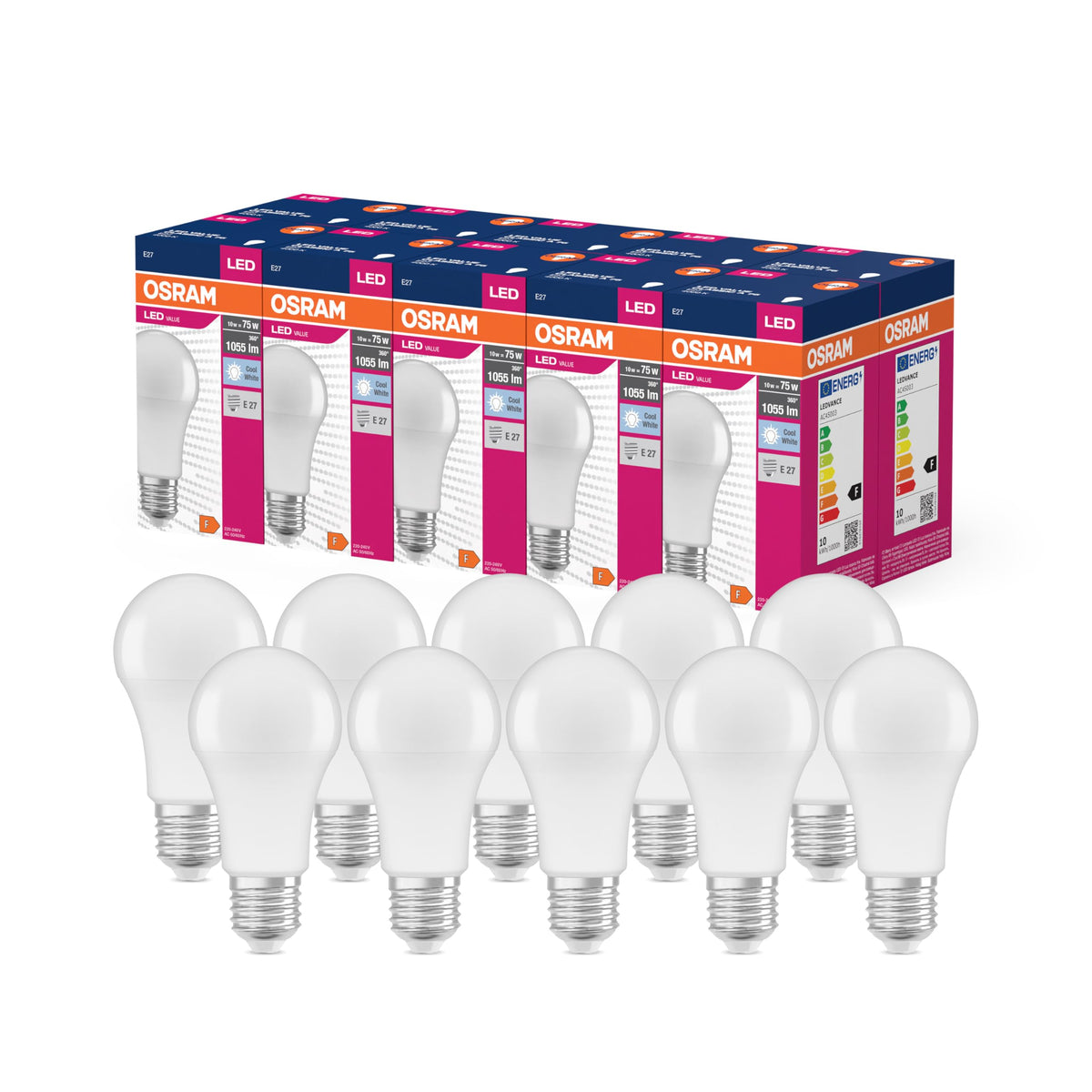 Osram LED Star Value Classic A75 LED bulb for E27 socket, bulb shape, FR, 1055 lumens, cool white (4000K), replacement for standard 75W incandescent bulbs, non-dimmable, pack of 10 - 4099854109911