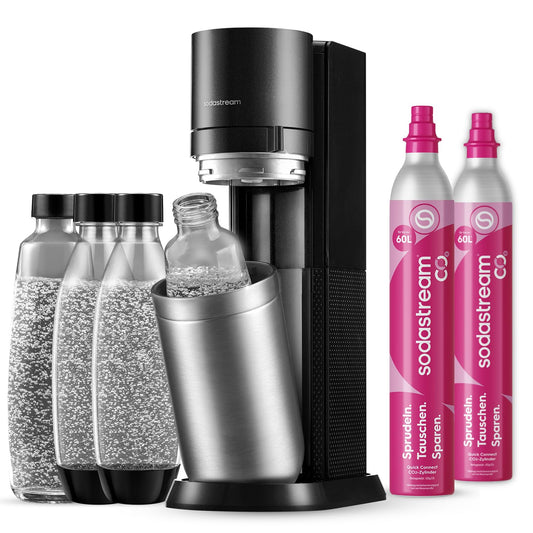 SodaStream - Duo soda maker, including 2x60 liter CO2 cylinders, 2x 1 liter glass bottles, 2x BPA-free 1 liter bottles, dishwasher safe, environmentally friendly & less disposable plastic waste, titanium - 1016814490