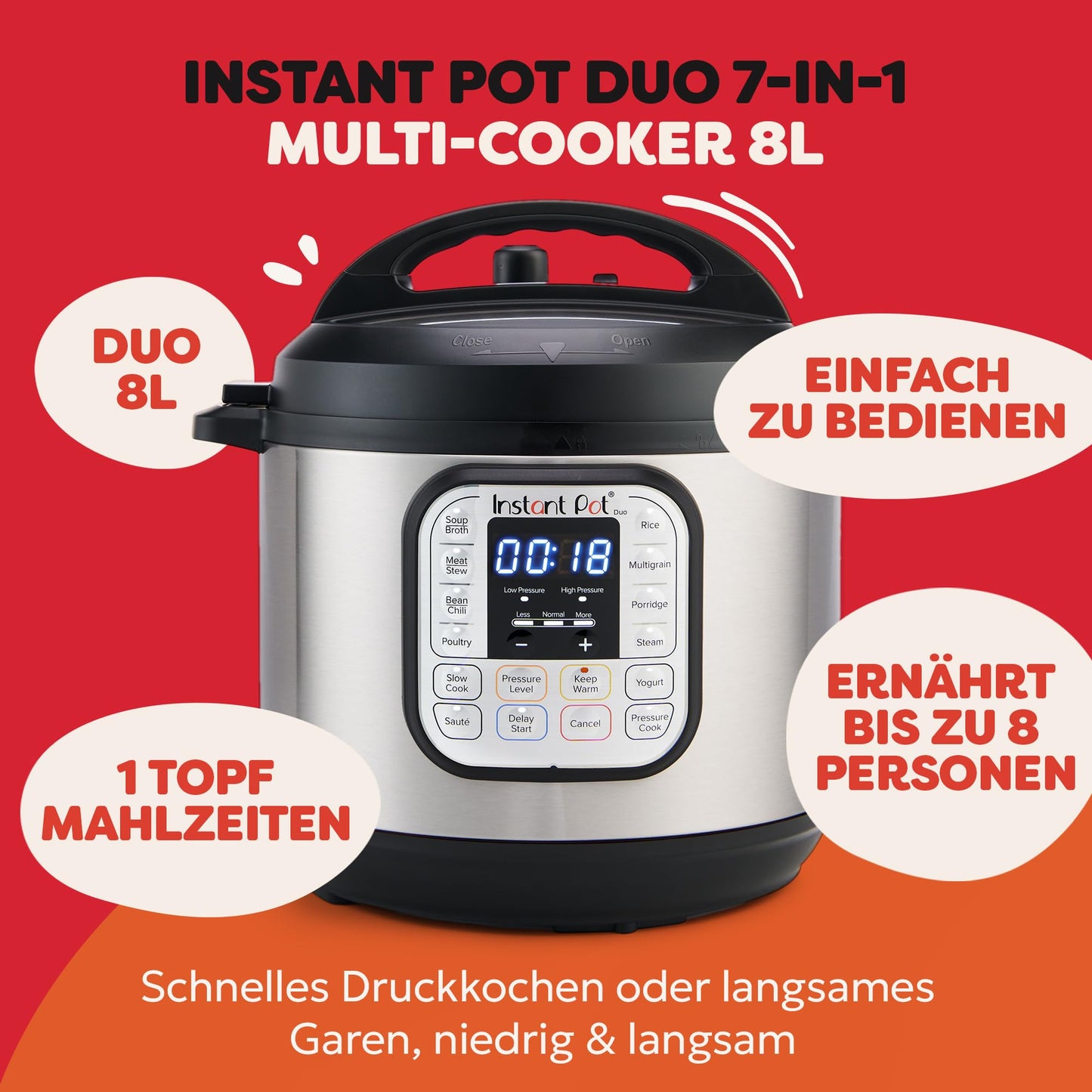 Instant Pot Duo 80 electric multi-cooker 1200 W, 7.6L, stainless steel, pressure cooker, slow cooker, rice cooker, sauté pan, yogurt maker, steamer and sterilizer, silver - 113-0061-01-EU