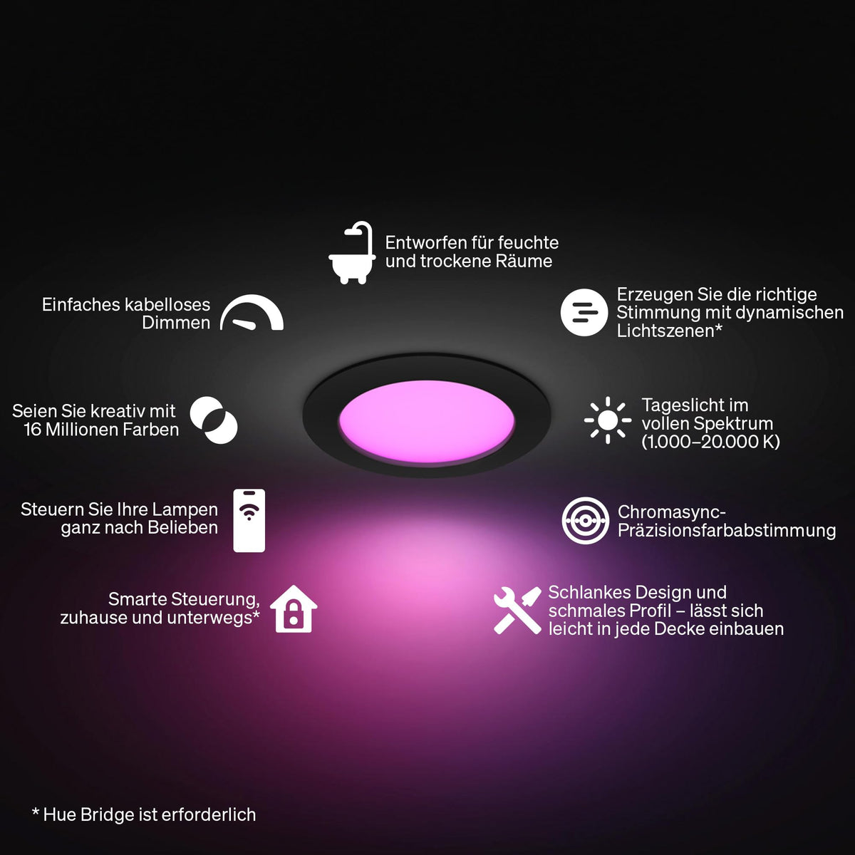 Philips Hue Slim Downlight, iluminare LED inteligentă, 1.000 lm, 90 mm, design subțire, lumină de zi cu spectru complet 1.000–20.000 K, extrem de dimabilă, culoare precisă, iluminare inteligentă, negru, pachet de 3. - 929004291301