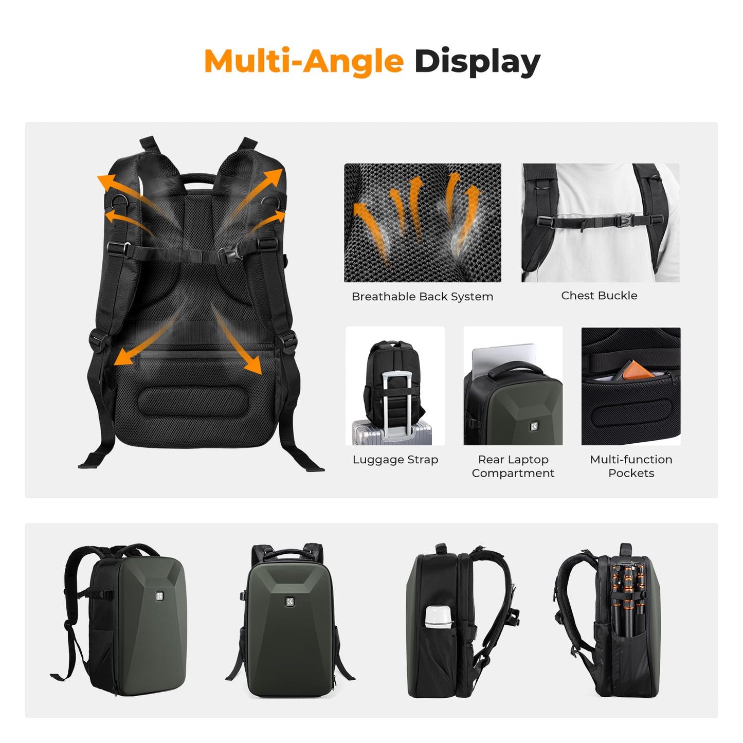 K&F CONCEPT camera backpack photo backpack with hard shell camera bag with 15.6 inch laptop compartment and rain cover, backpack for drones - KF13.134V9