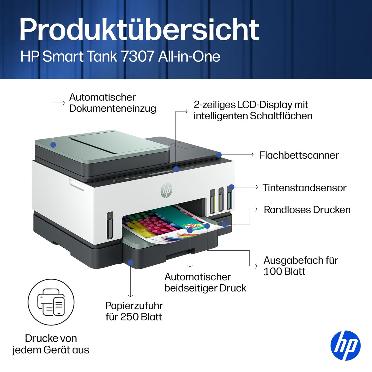 HP Smart Tank 7307 imprimantă multifuncțională 3 în 1 (WLAN; Duplex; ADF) – 3 ani de cerneală inclusă, 3 ani garanție, rezervor de cerneală mare, rază mare, imprimare de înaltă calitate - 941P5A#BHC