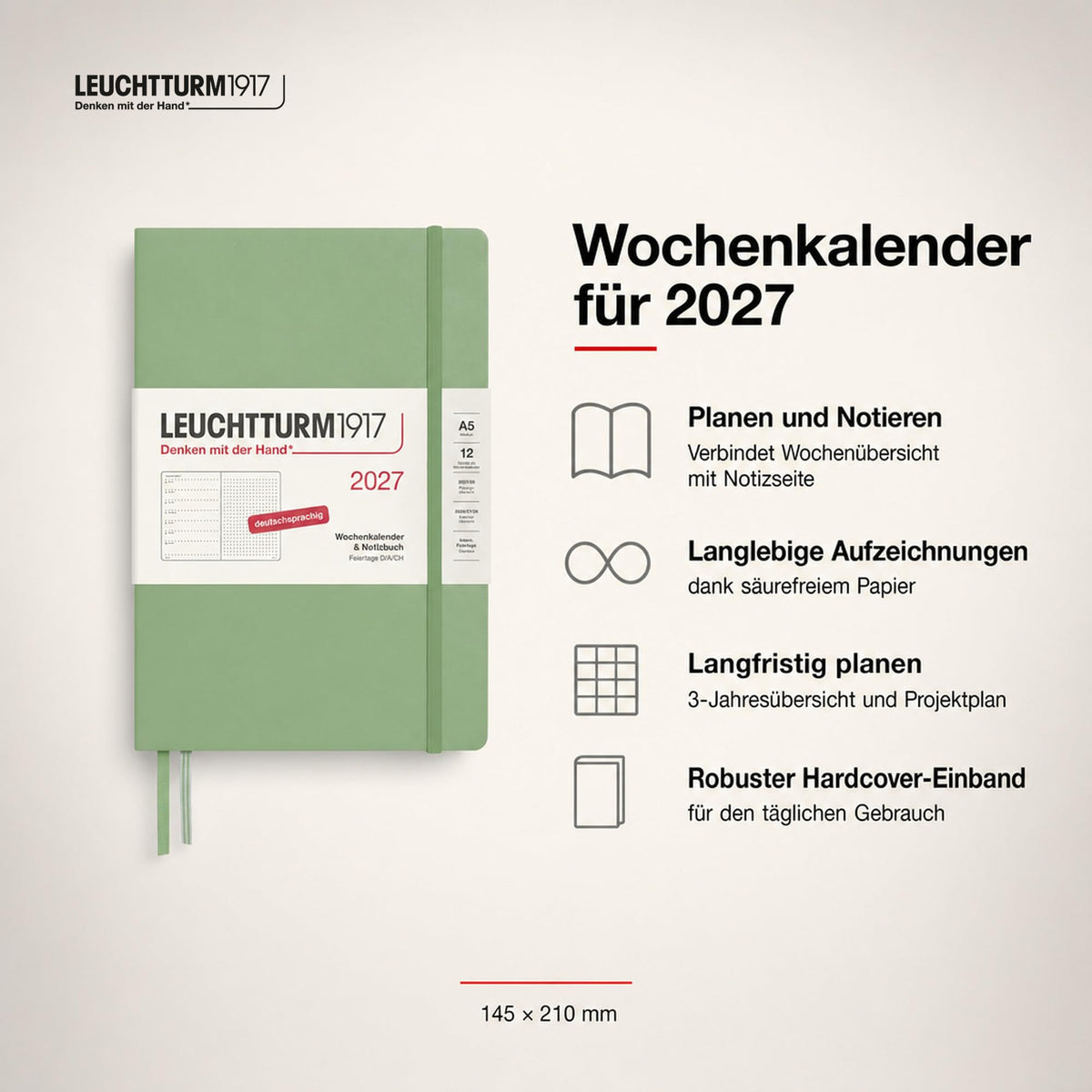 LEUCHTTURM1917 Calendar săptămânal 2027 punctat mediu (A5) cu caiet - Planificator de întâlniri germană, salvie, ianuarie-decembrie 2027, prezentare generală săptămânală în stânga + pagină cu note în dreapta - 400094