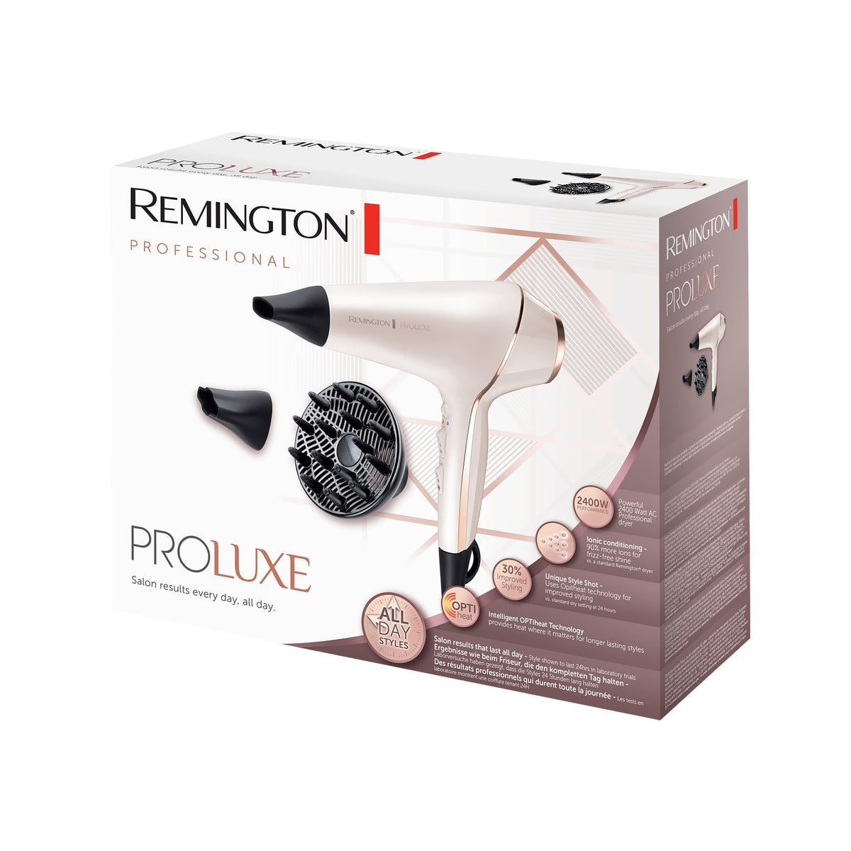 Remington Professional Hair Dryer Ionen PROluxe (2400W, 150km/h, 3 styling attachments, OPTIheat technology for long-lasting styling results, ion care - anti-frizz, durable AC motor) AC9140