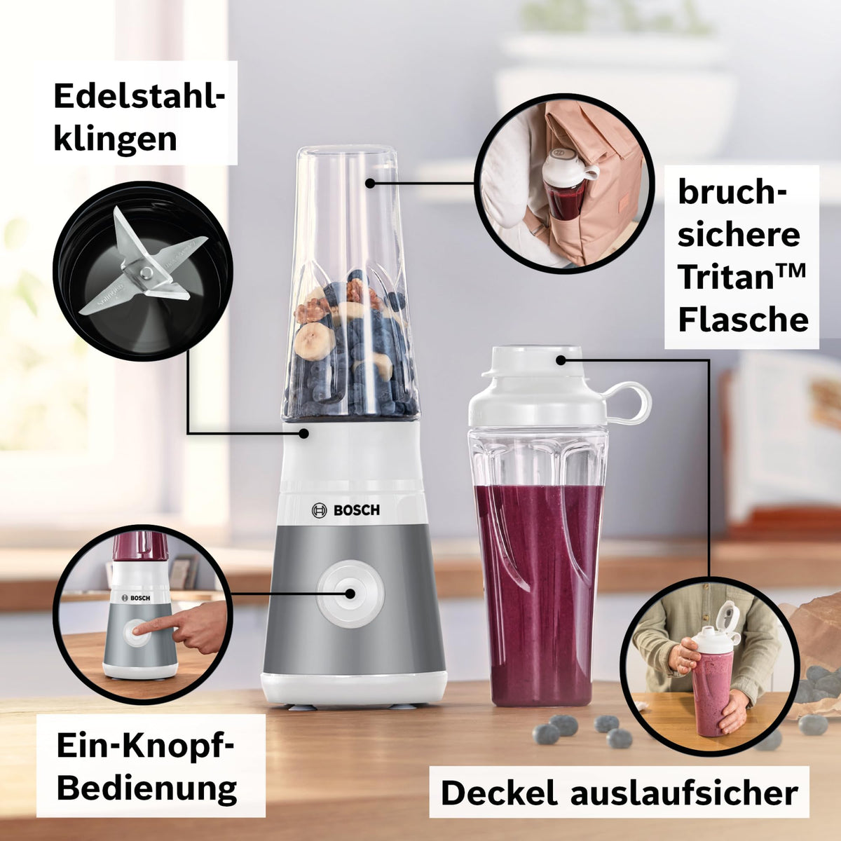 Bosch Mini Stand Mixer, Smoothie Maker, Mini High-Speed Mixer, up to 40,000 rpm, 450 W, ToGo Bottle, 4-Blade Knife, dishwasher-safe parts, Made in Europe, VitaPower Series 2 MMB2111T