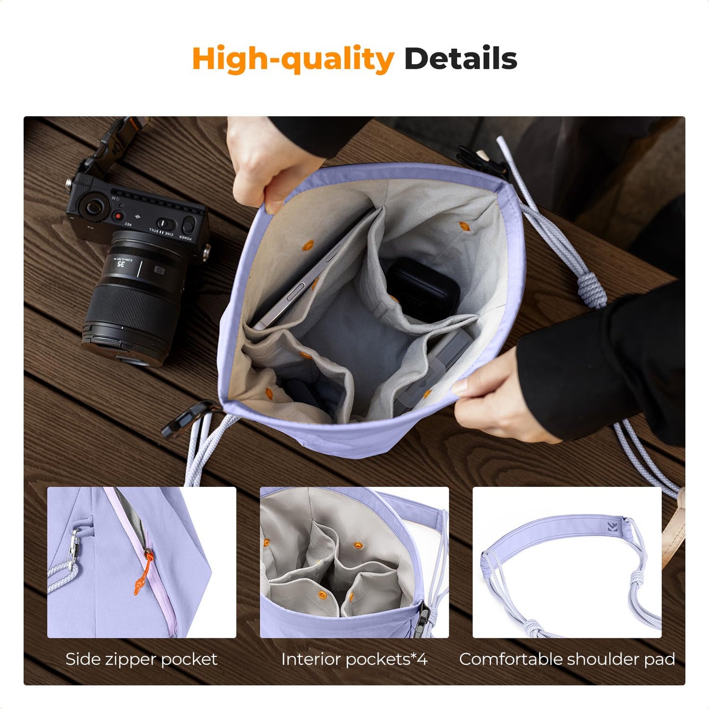 K&F CONCEPT Camera Bag Rollup Photo Bag, Fashionable Camera Shoulder Bag, Adjustable Shoulder Strap Camera Bag, Photographer Shoulder Bag Liner Bag for DSLR Camera Mirrorless Camera (Purple) - KF13.168V5