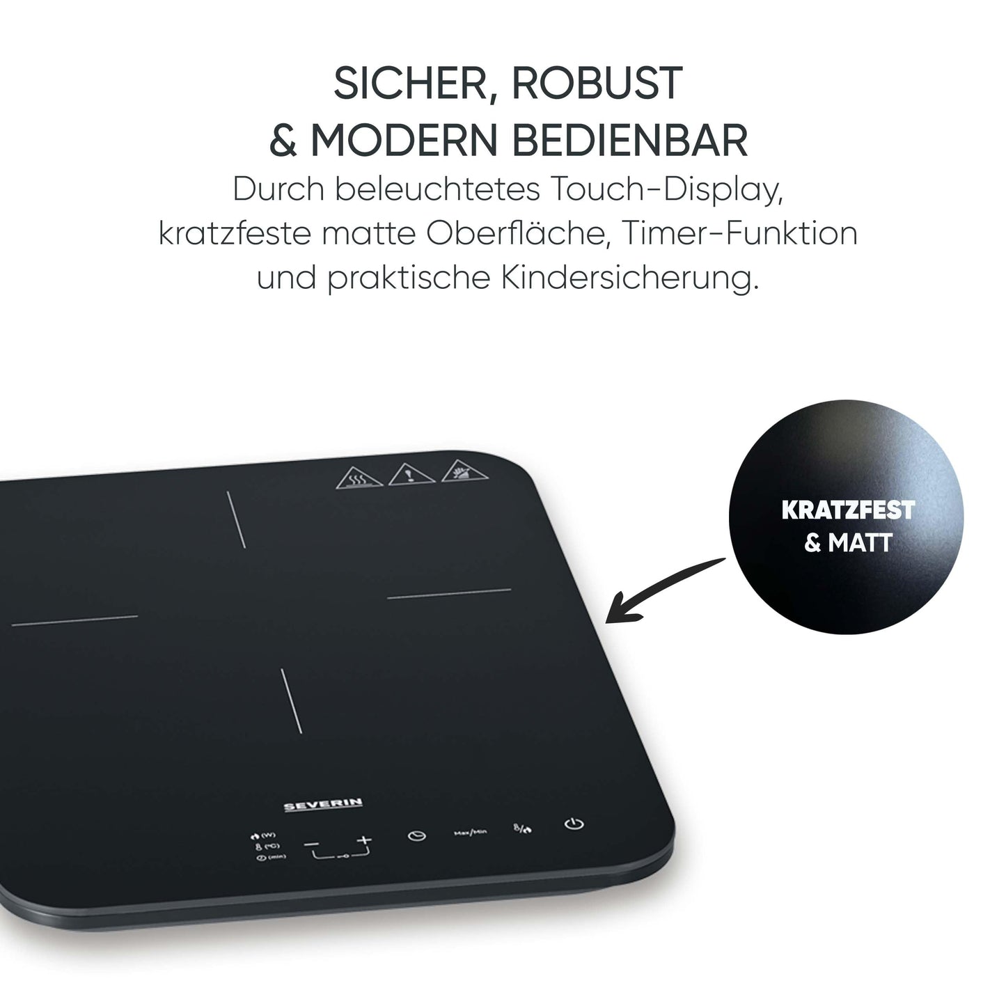 Severin induction hob, matt glass ceramic hob, scratch-resistant, 10 power levels, touch display, timer function, signal tone and automatic switch-off, single, 2,000W, black, glass, KP 1032