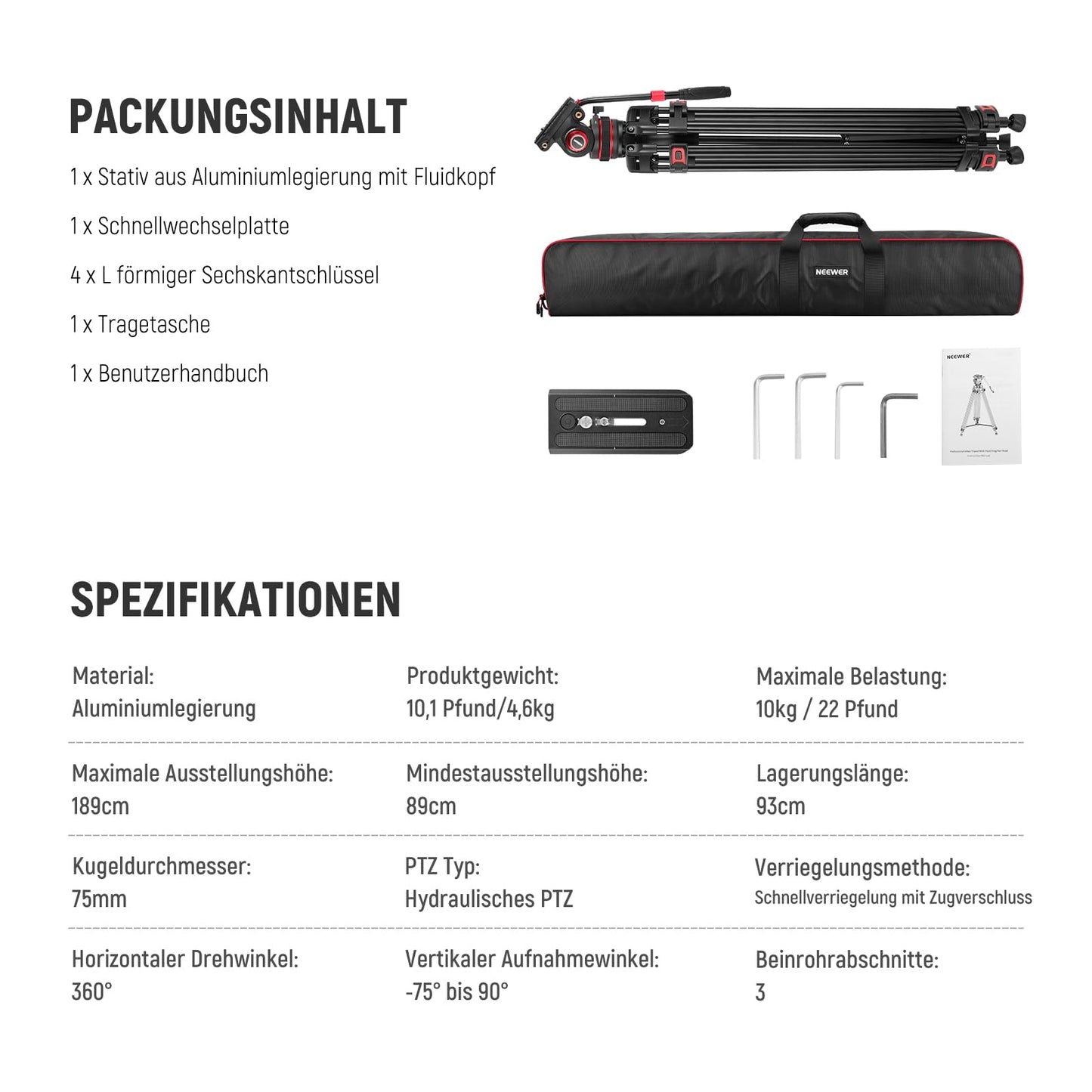 NEEWER 189cm video tripod video tripod with damping fluid head, metal heavy duty dual mode QR plate, photo tripod camera tripod compatible with DJI RS gimbals, TP75
