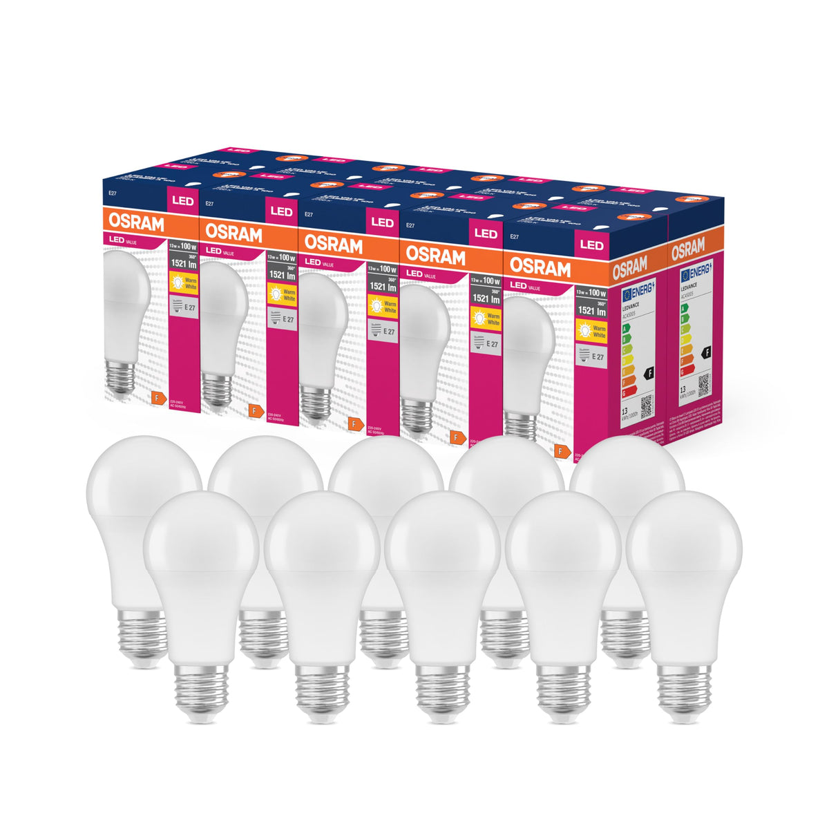 Osram LED Star Value Classic A100 LED bulb for E27 socket, bulb shape, FR, 1521 lumens, warm white (2700K), replacement for traditional 100W incandescent bulbs, non-dimmable, pack of 10 - 4099854109966