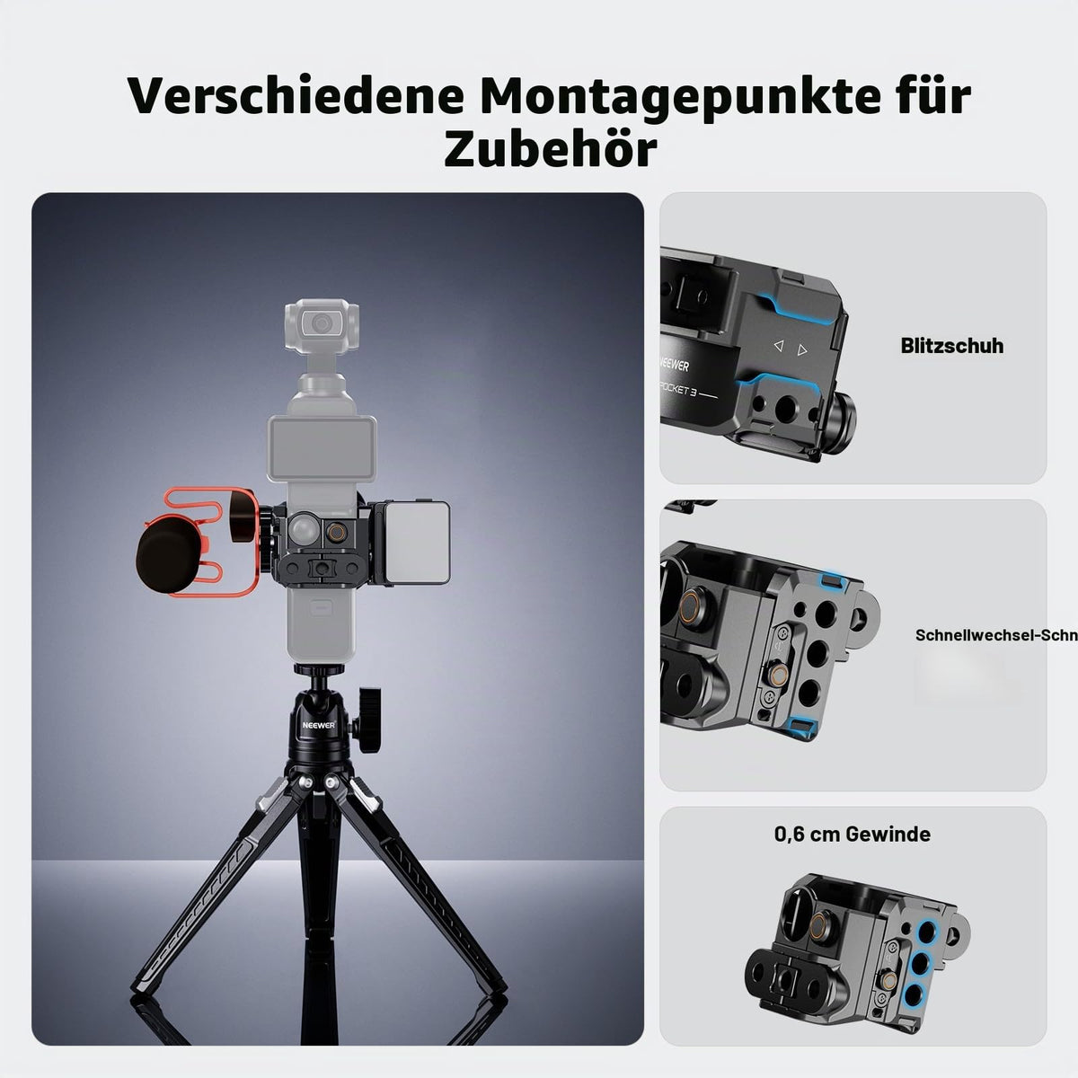 NEEWER Pocket 3 Cadru & Adaptor pentru cameră de acțiune compatibil cu DJI Osmo Pocket 3 & Action 2 Magnetic Mount, rig din aliaj de aluminiu cu gimbal și filet de 1/4" Cold Shoe pentru extinderea accesoriilor, AC009 PRO