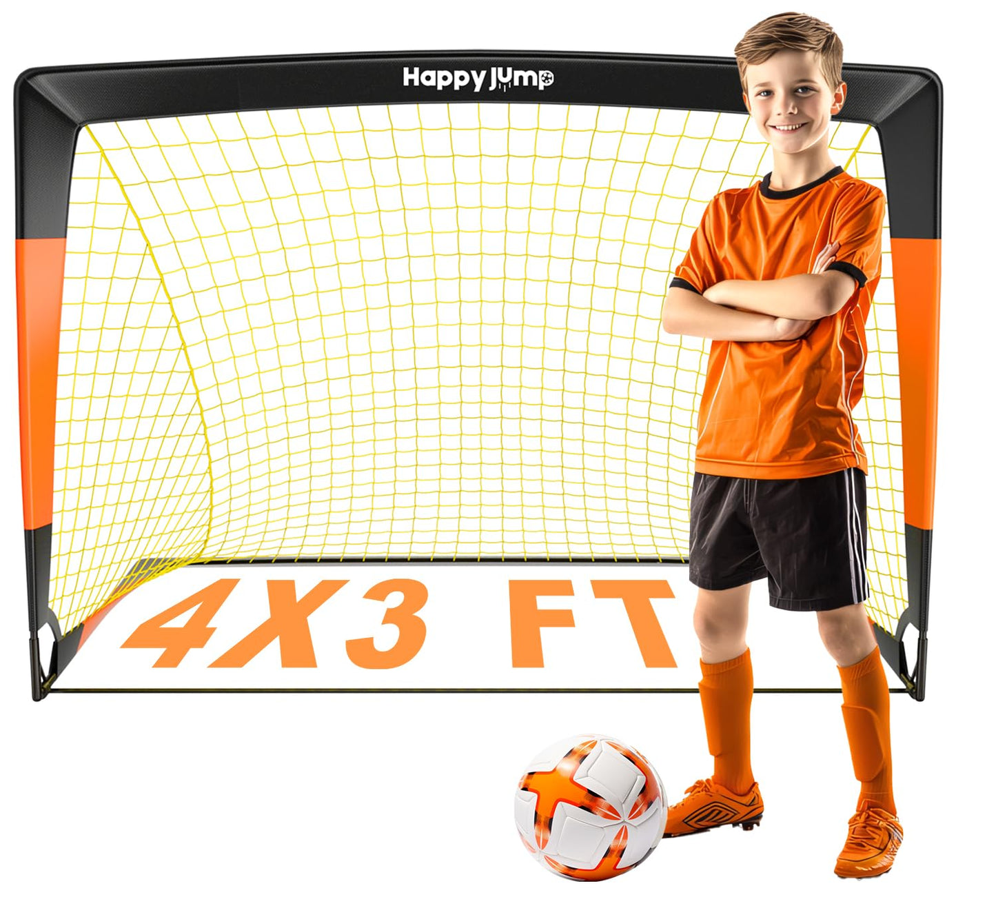 Happy Jump Pop-Up Football Goal - 120x90 cm, 1 Goal, Black Orange | Foldable Fiberglass Goal for Kids & Adults | Ideal for gardens and parks - A235262BQ1