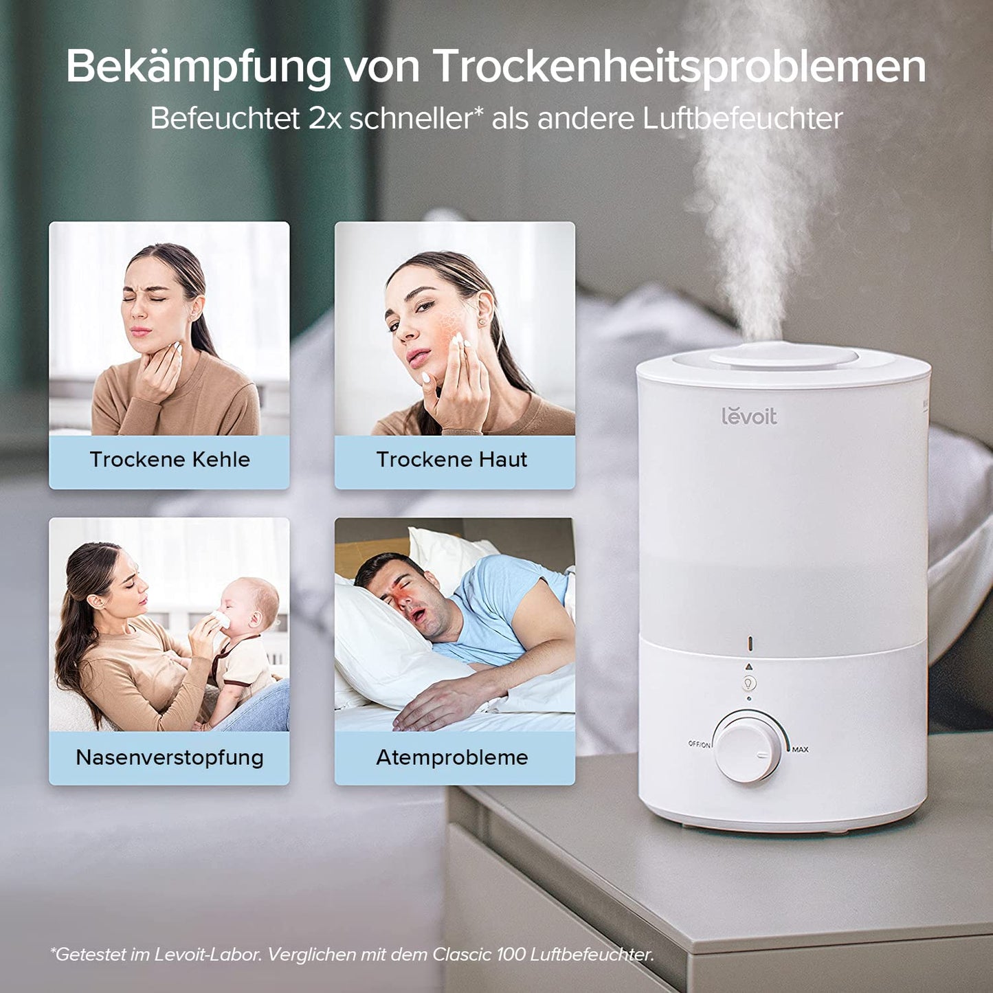 Levoit Humidifier Bedroom, Durable with Auto Shut-off, Cold Mist Ultrasonic with Top Fill, 25 dB Room Humidifier for Baby, Plants, up to 25H, 3 L, Warm White - LUH-D302-WUK