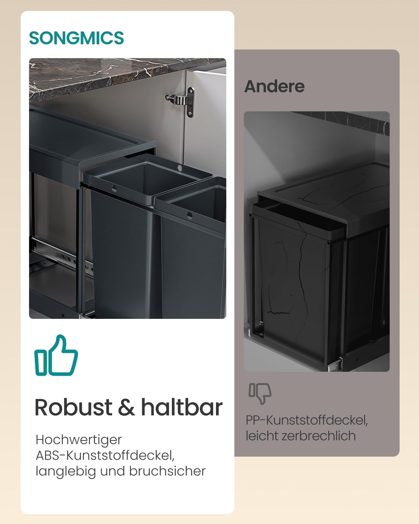 SONGMICS waste bin kitchen, waste separation system for base cabinet, 2 x 20 L, waste bin 2 compartments, extendable, steel frame, ABS lid, gray LTB951GZ01