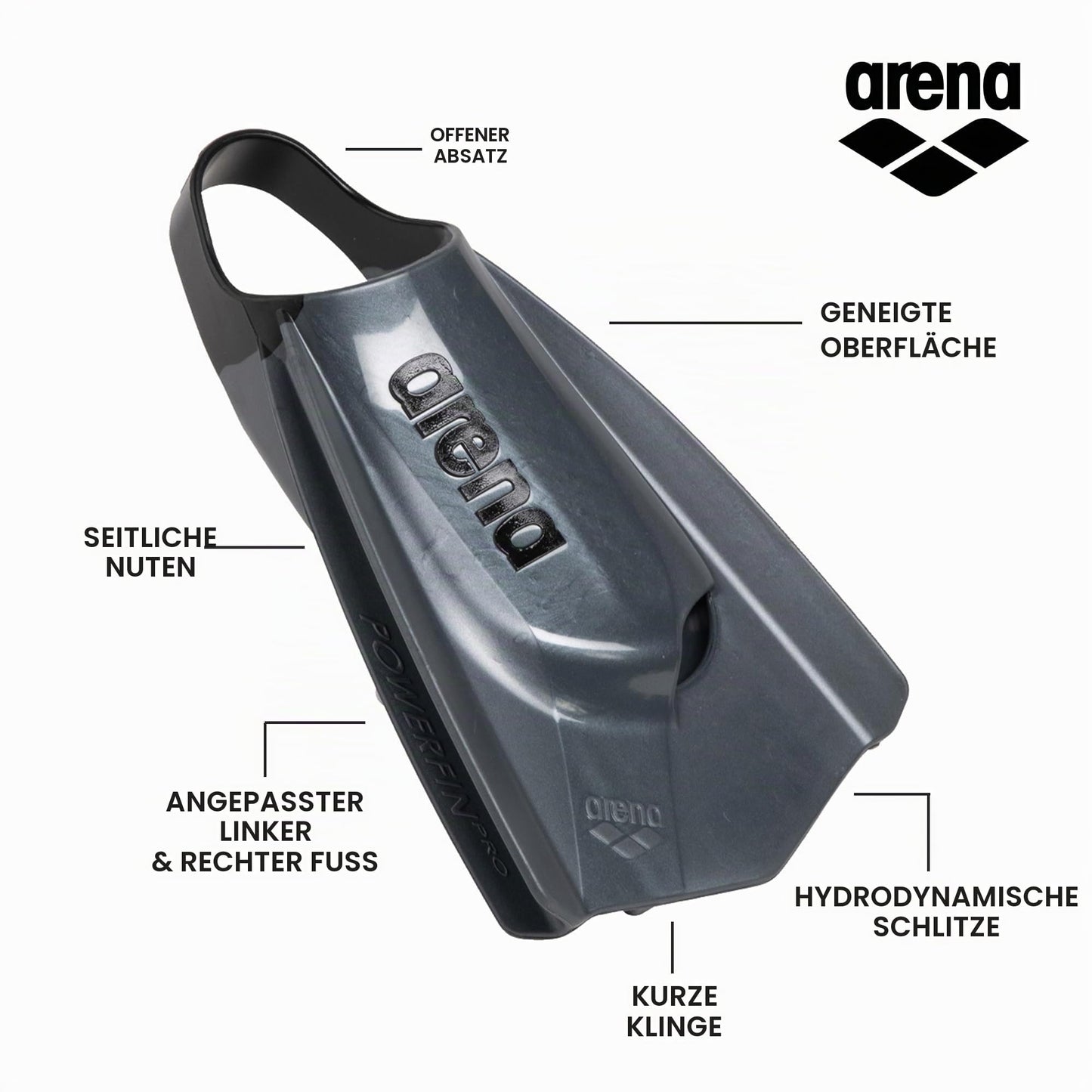arena Powerfin Pro II swimming pool training fins, swimming fins for adults, fins made of 100% silicone, comfortable short fins for the swimming pool, black, 44-45 - 006151-100-11-12