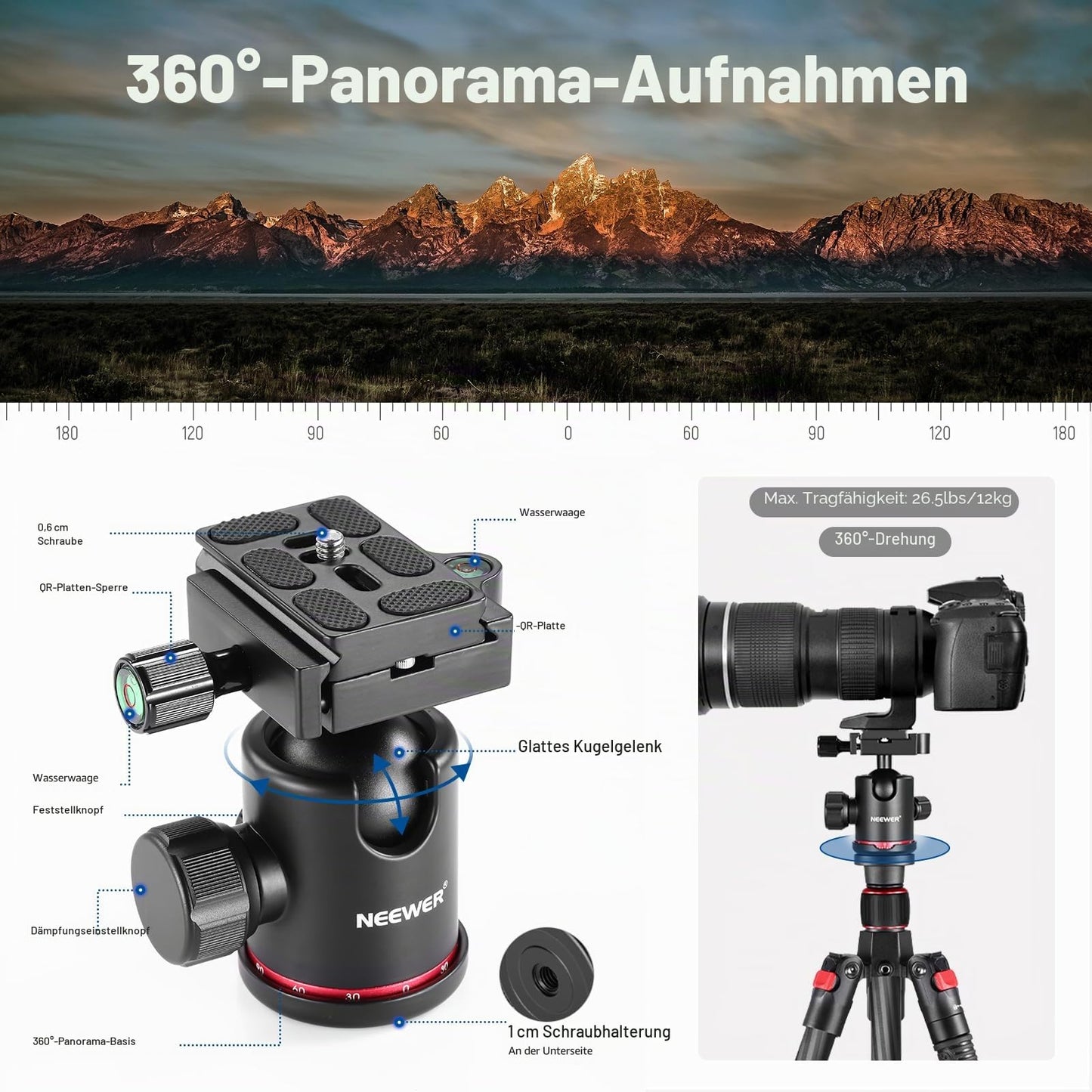 NEEWER 68"/172cm Carbon Tripod Monopod with Center Column, 360° Panorama Ball Head, Arca Type QR Plate, Bag, Compact Lightweight Carbon Fiber Travel Tripod Max Load 26.5lb/12kg, N55C - 10081590@@##1