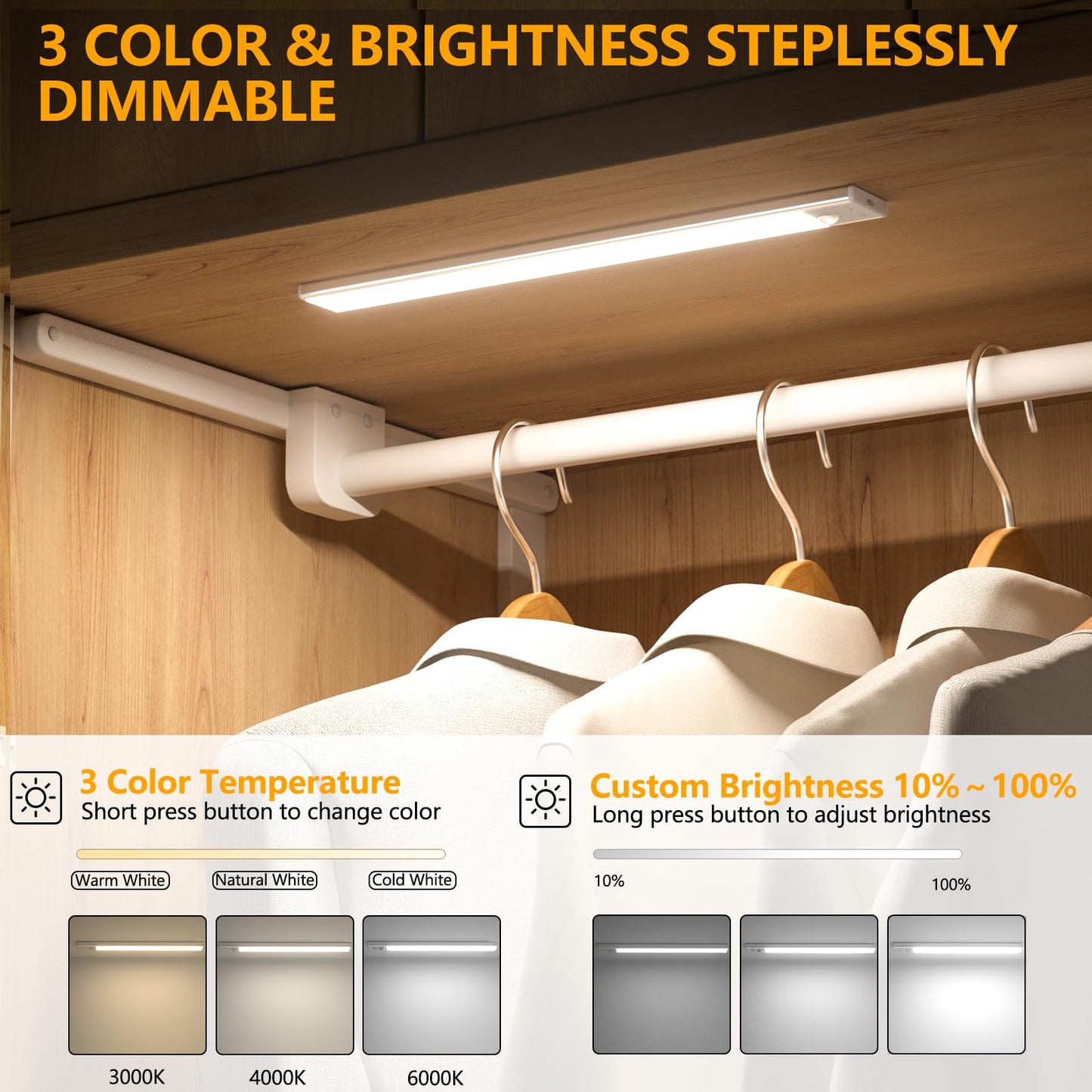 OUILA Under-Unit Light Kitchen LED 31CM Cabinet Lighting with Motion Sensor 3 Color Modes Dimmable Cabinet Light LED USB-C Rechargeable Light Strip for Kitchen Wardrobe Stairs Cupboard Pack of 2 - GLS-C016