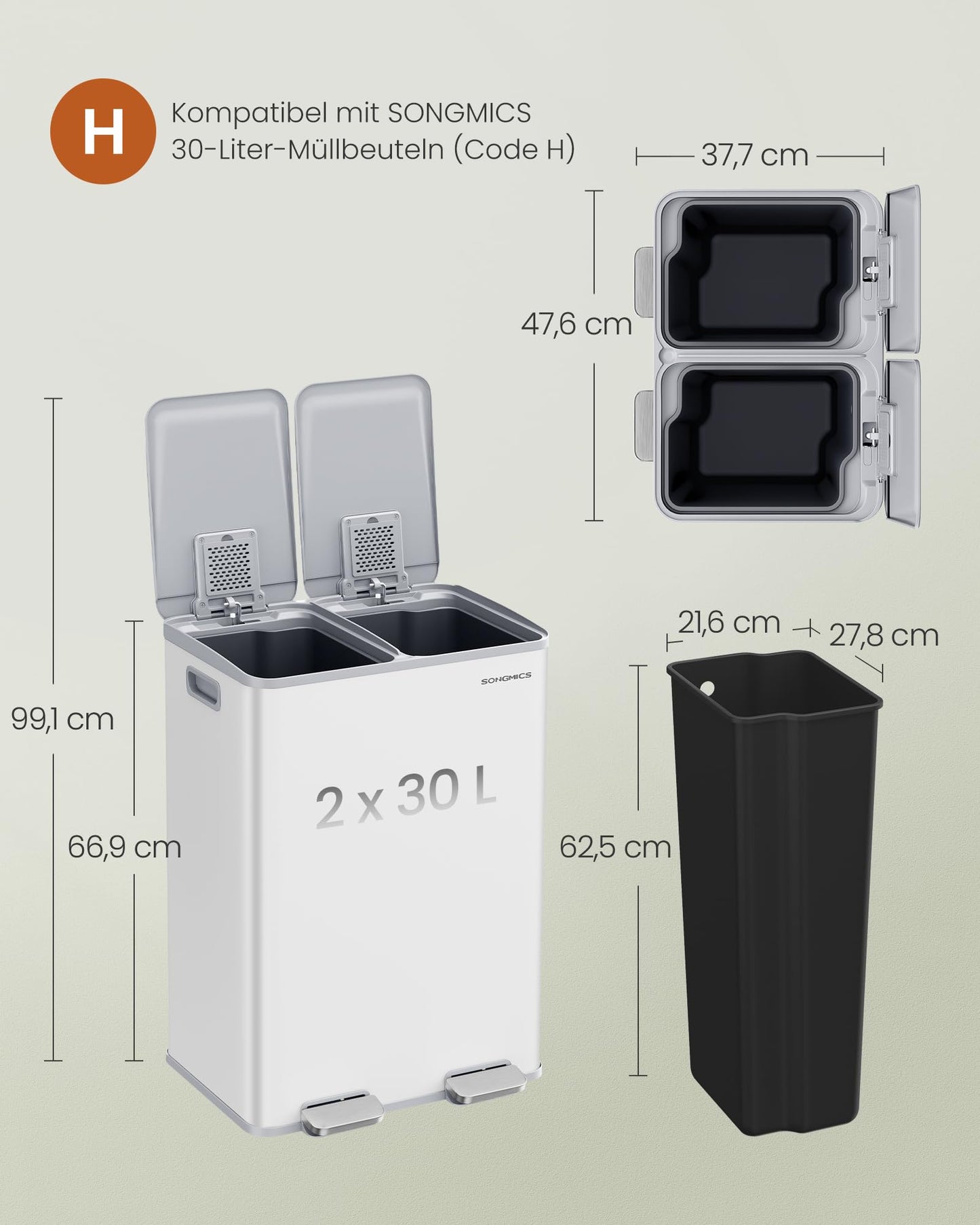 SONGMICS kitchen trash can, 2 x 30 liters, 2 compartments, trash can, pedal trash can, kitchen trash can with soft close lid and inner bucket, steel, including 15 trash bags, matt white LTB741W02