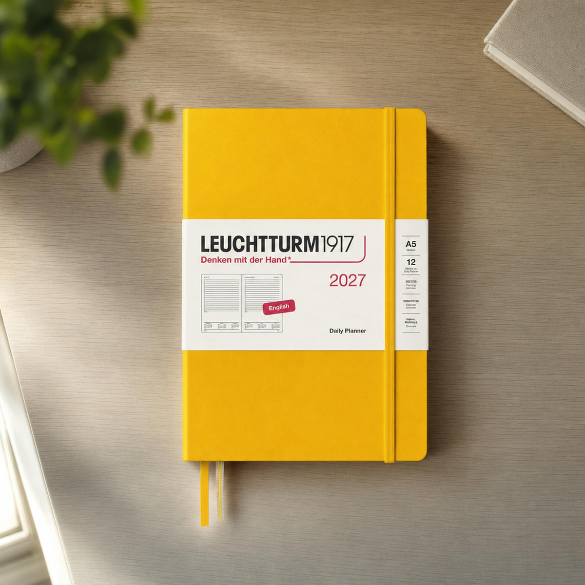 LEUCHTTURM1917 Daily Calendar 2027 Medium (A5) - English, Sunflower, 145 x 210 mm, January-December (12 months), 1 page per day, hourly grid 7:00-22:00, hardcover, 80 g/m² paper - 400327