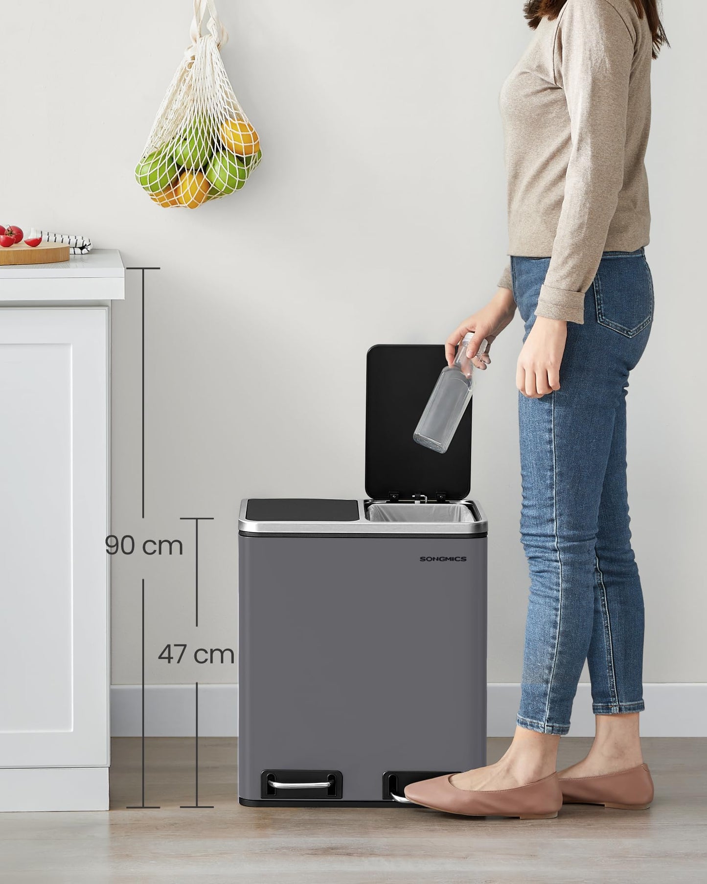 SONGMICS kitchen trash can, 2 x 15 liters, trash separation system 2 compartments, including 15 trash bags, trash can, pedal bin, recyclable waste, organic waste, soft close lid, matt gray LTB030G01