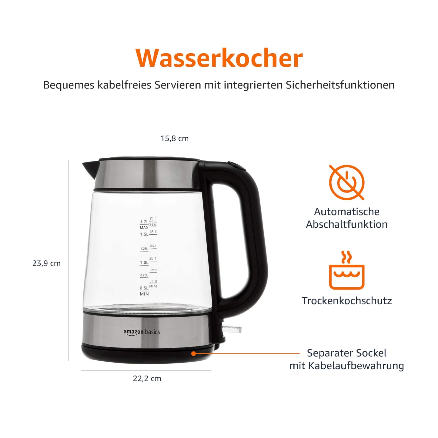 Amazon Basics 1.7L 2200W Glass Electric Kettle Black Silver - F-625GS