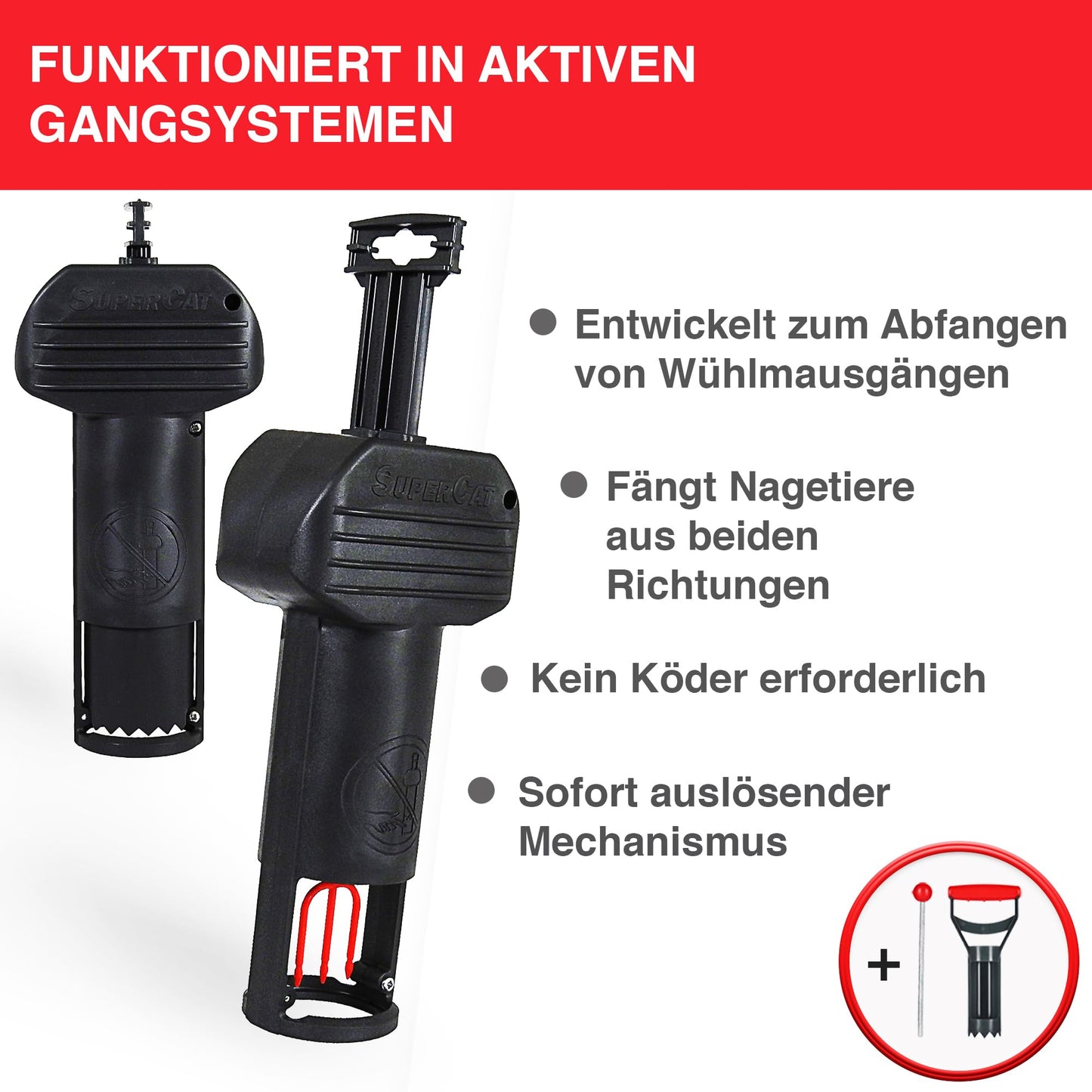 SWISSINNO vole trap PRO SuperCat incl. accessory set - efficient snap trap against field mice and voles, patented trigger mechanism, safe + reusable - 2 traps + 1 accessory set